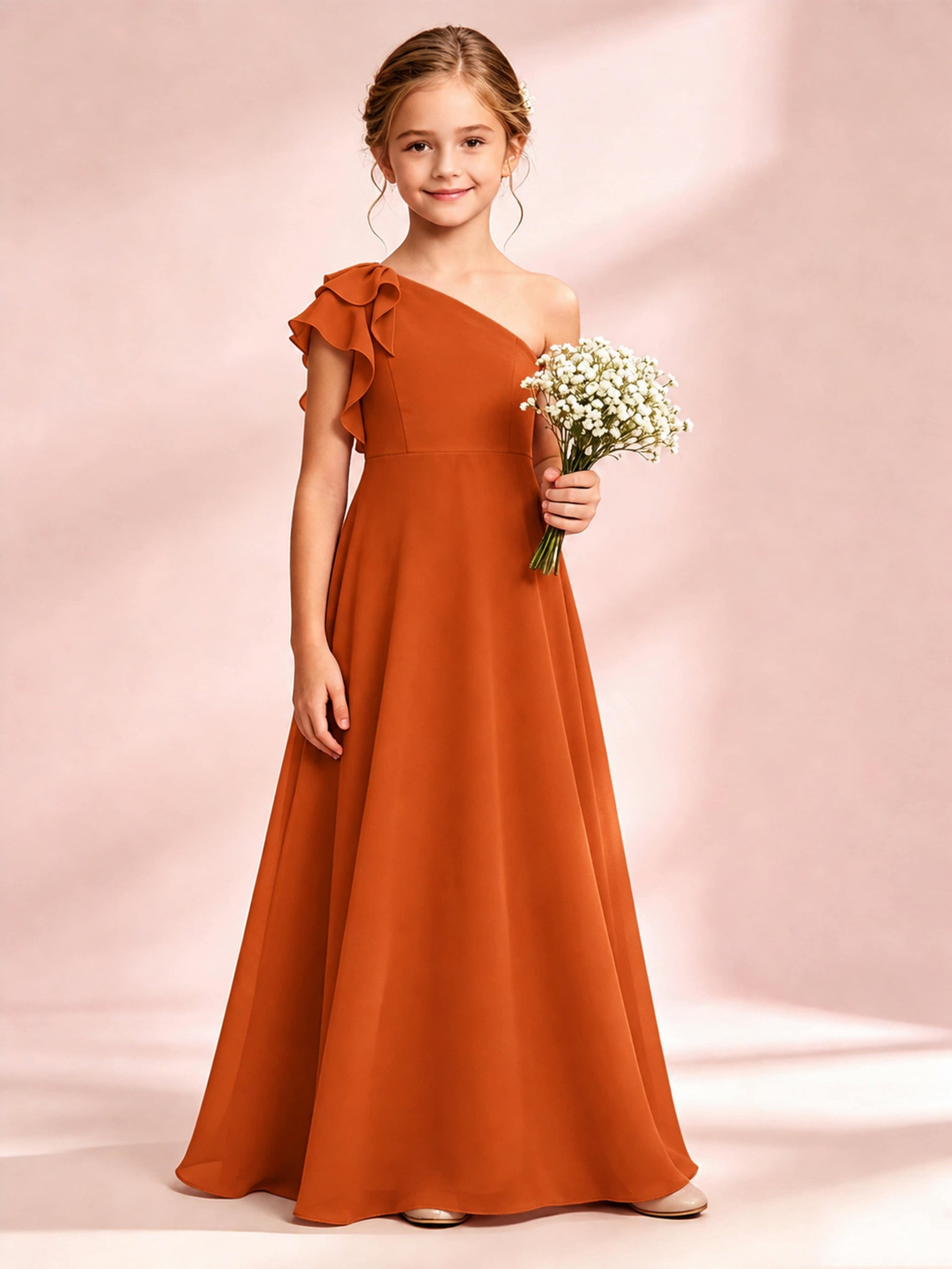 Chiffon Junior Bridesmaid Dress for Wedding One Shoulder Flower Girl Dresses