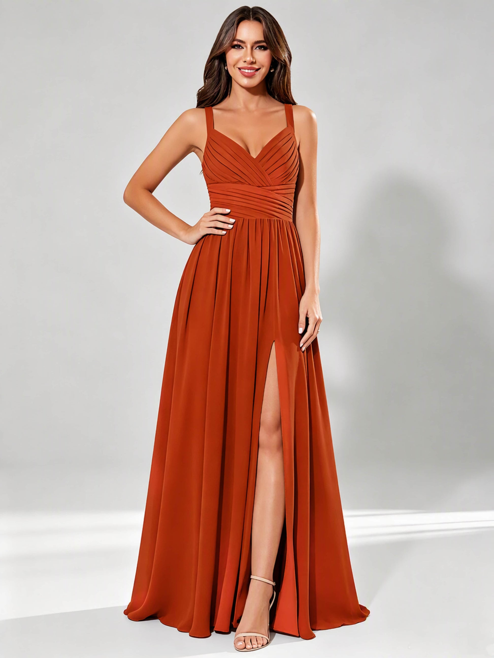 Spaghetti Straps Chiffon Ruched Bust Pleated Bridesmaid Dress for Wedding