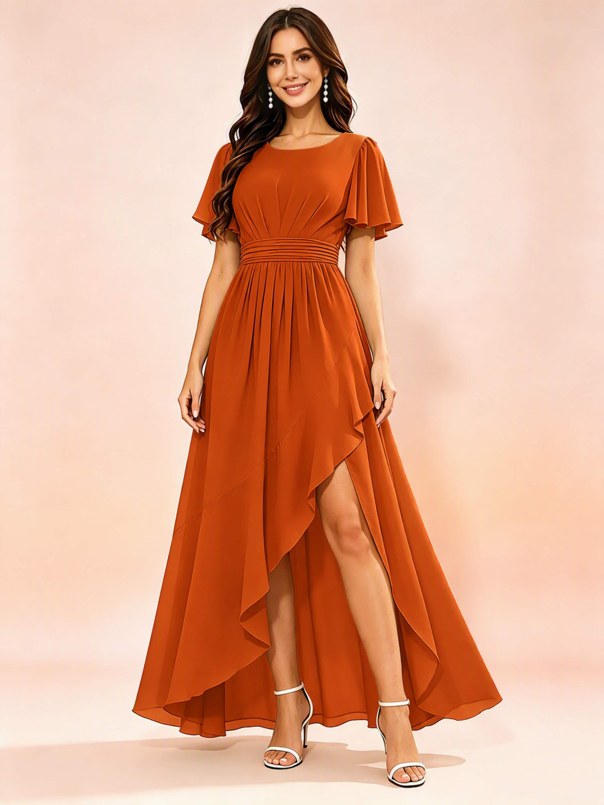 Chiffon High Low Round Neck Bridesmaid / Wedding Guest Dresses