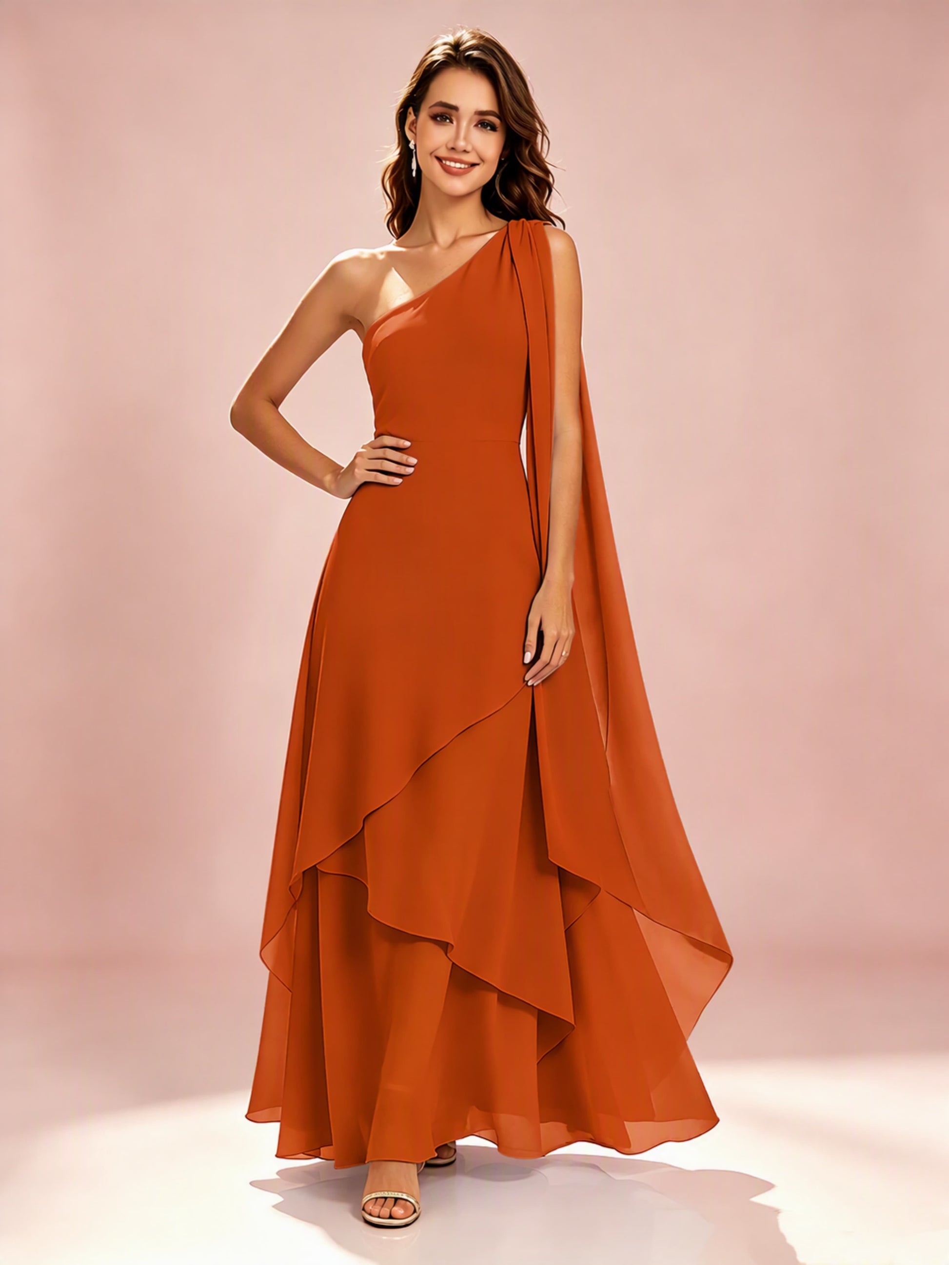 One Shoulder Chiffon Tiered Layered Bridesmaid Dresses for Wedding