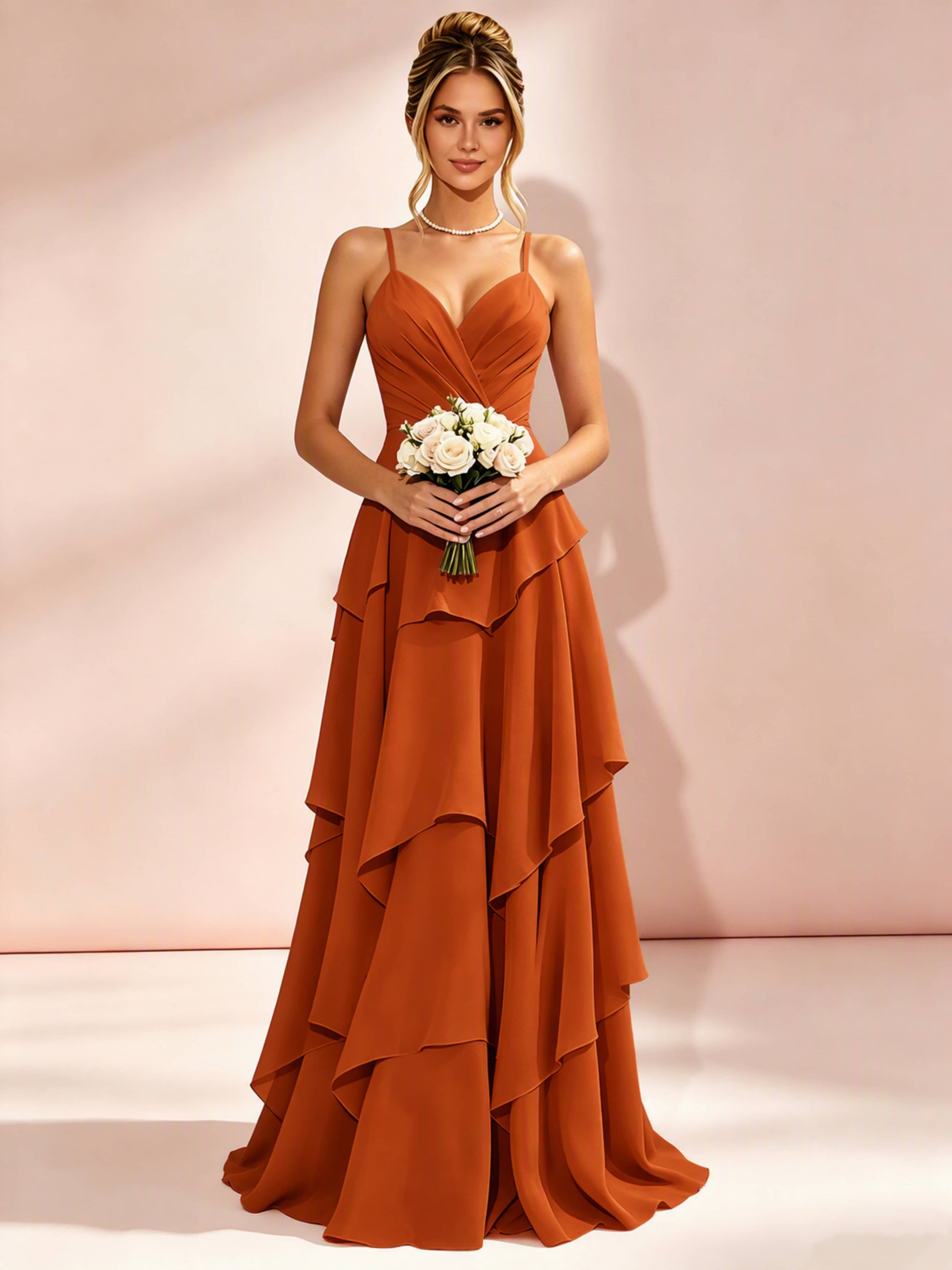 Spaghetti Straps Ruffle Tiered Chiffon Bridesmaid Dress for Wedding
