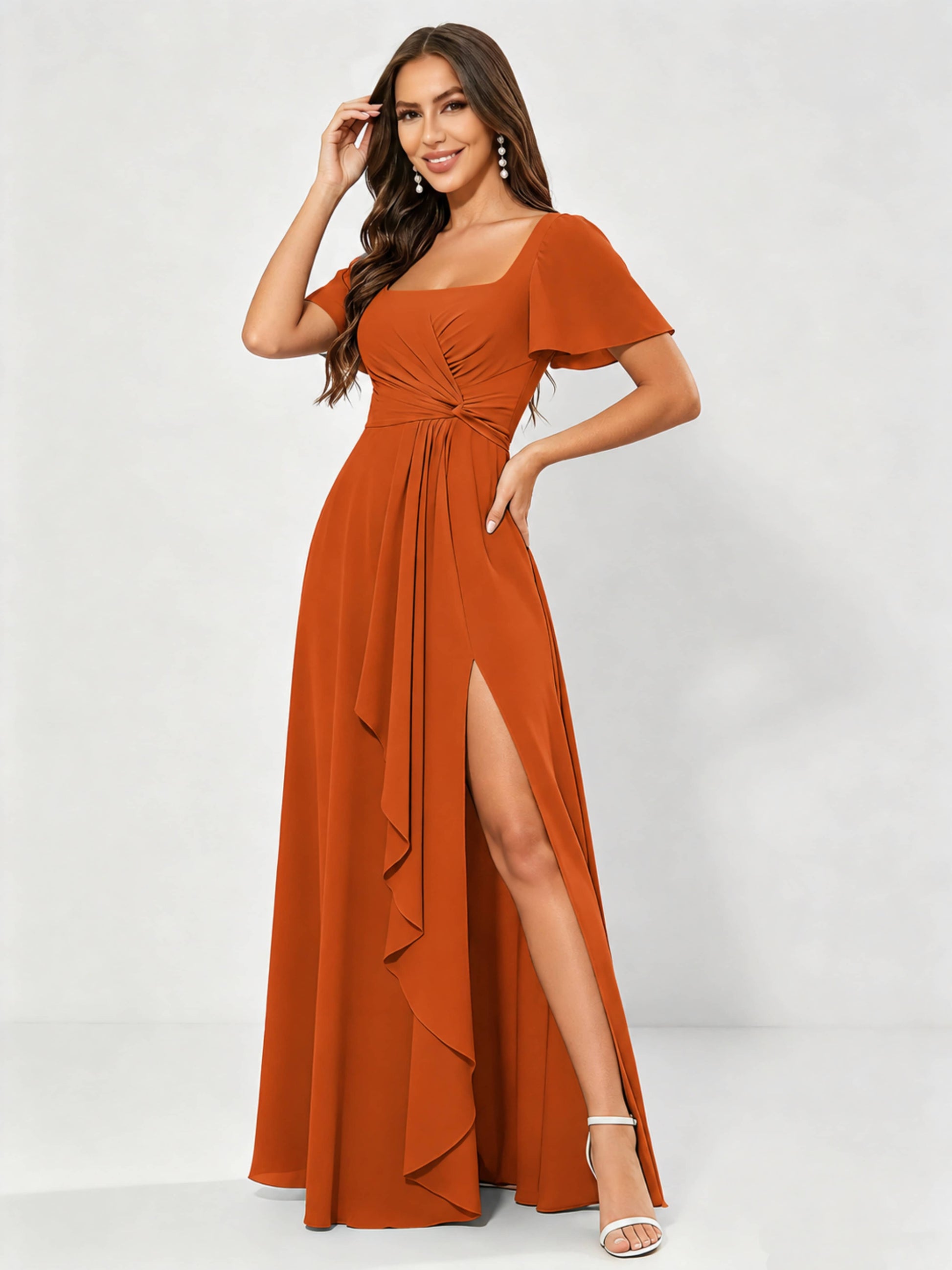 Square Neck Chiffon Ruffle Bridesmaid Dress with Slit