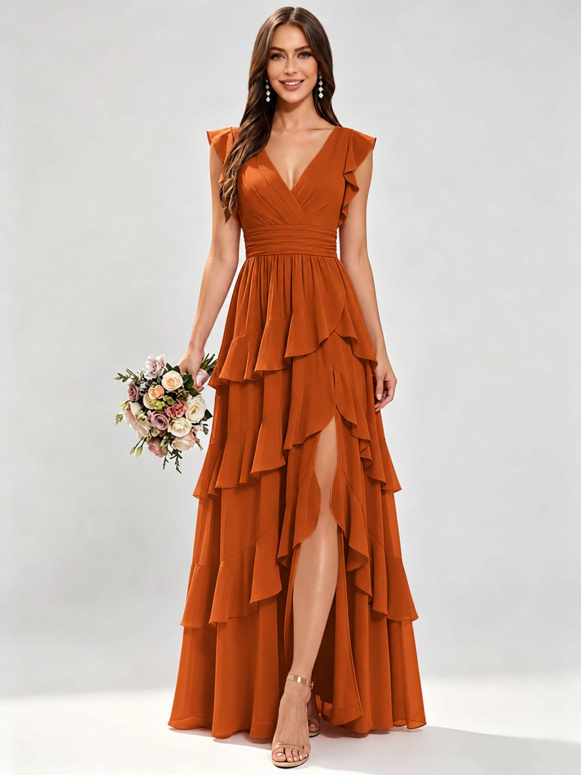 Ruffle Sleeve Tiered Chiffon Bridesmaid Dresses for Wedding with Slit