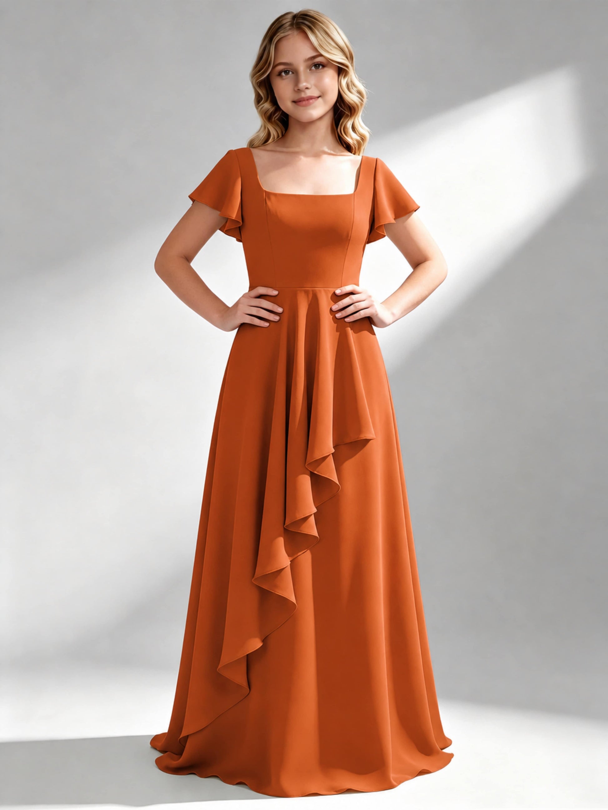 A-Line Square Neck Ruffle Junior Bridesmaid Dresses