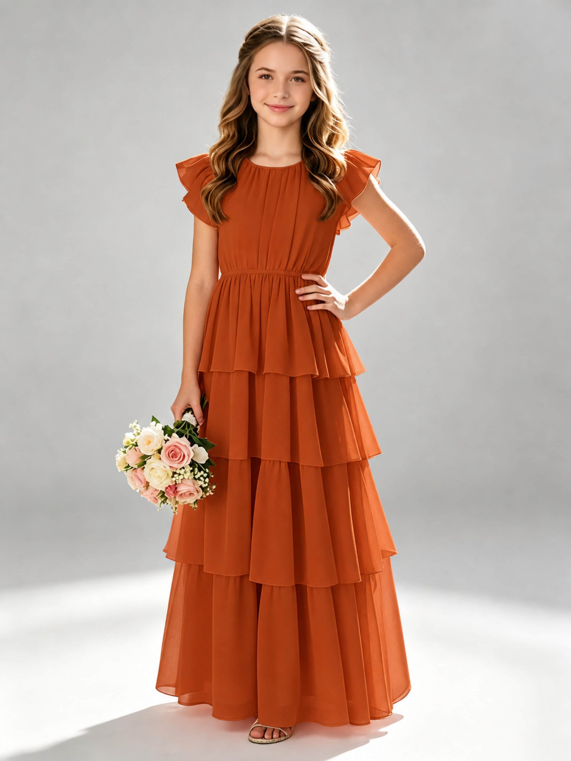 Chiffon Tiered Pleated Long Junior Bridesmaid Dresses