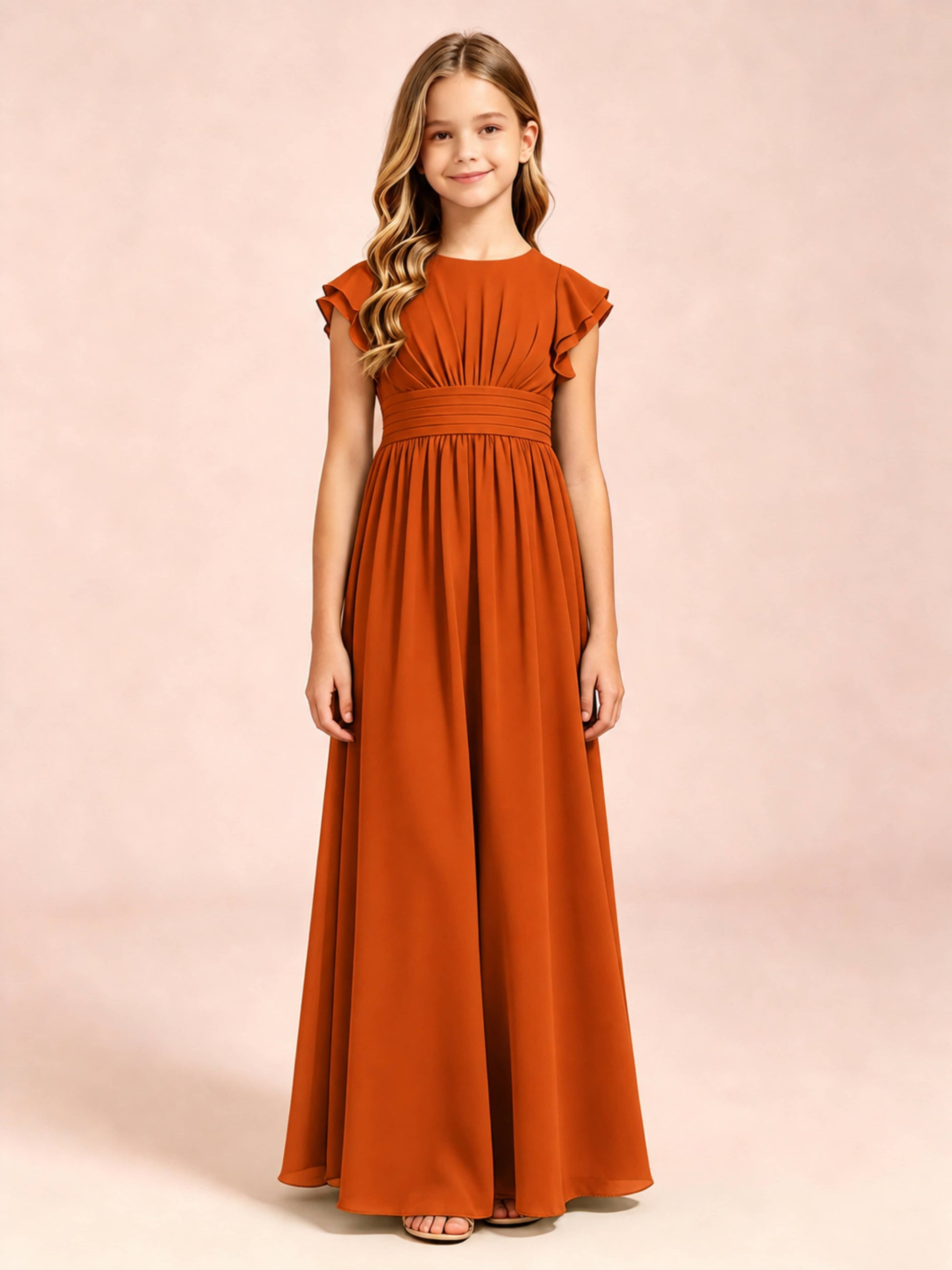 Chiffon Ruffle Cap Sleeve Junior Bridesmaid Dress for Wedding