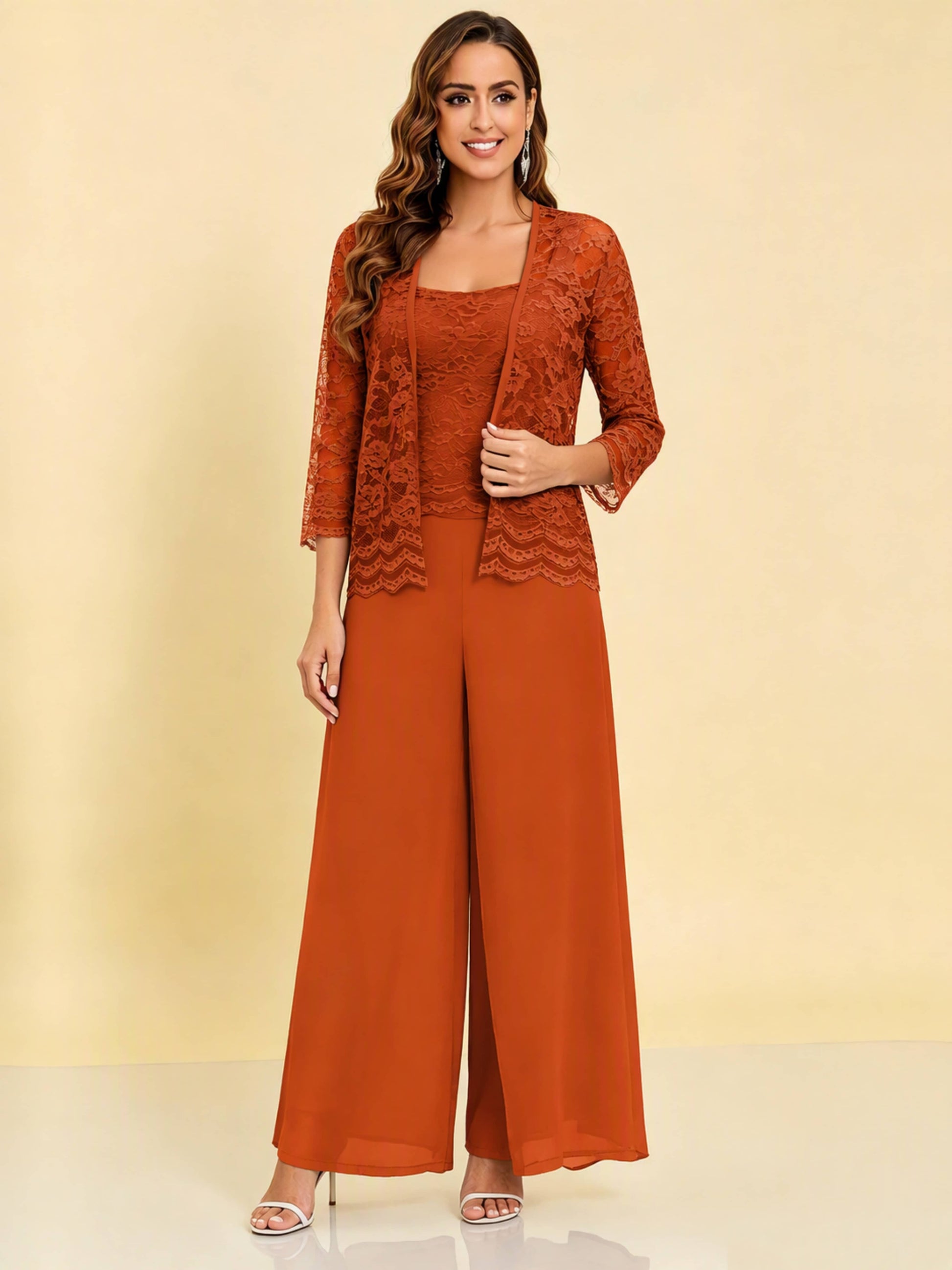 Chiffon Lace Flowy 3 Pieces Mother of The Bride Pant Suits Women Wedding