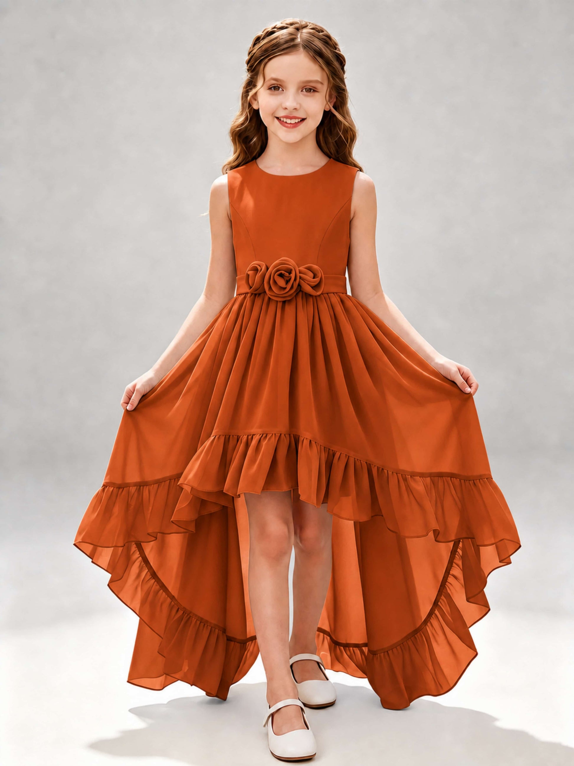 Chiffon 3D Flower High Low Junior Bridesmaid Dresses