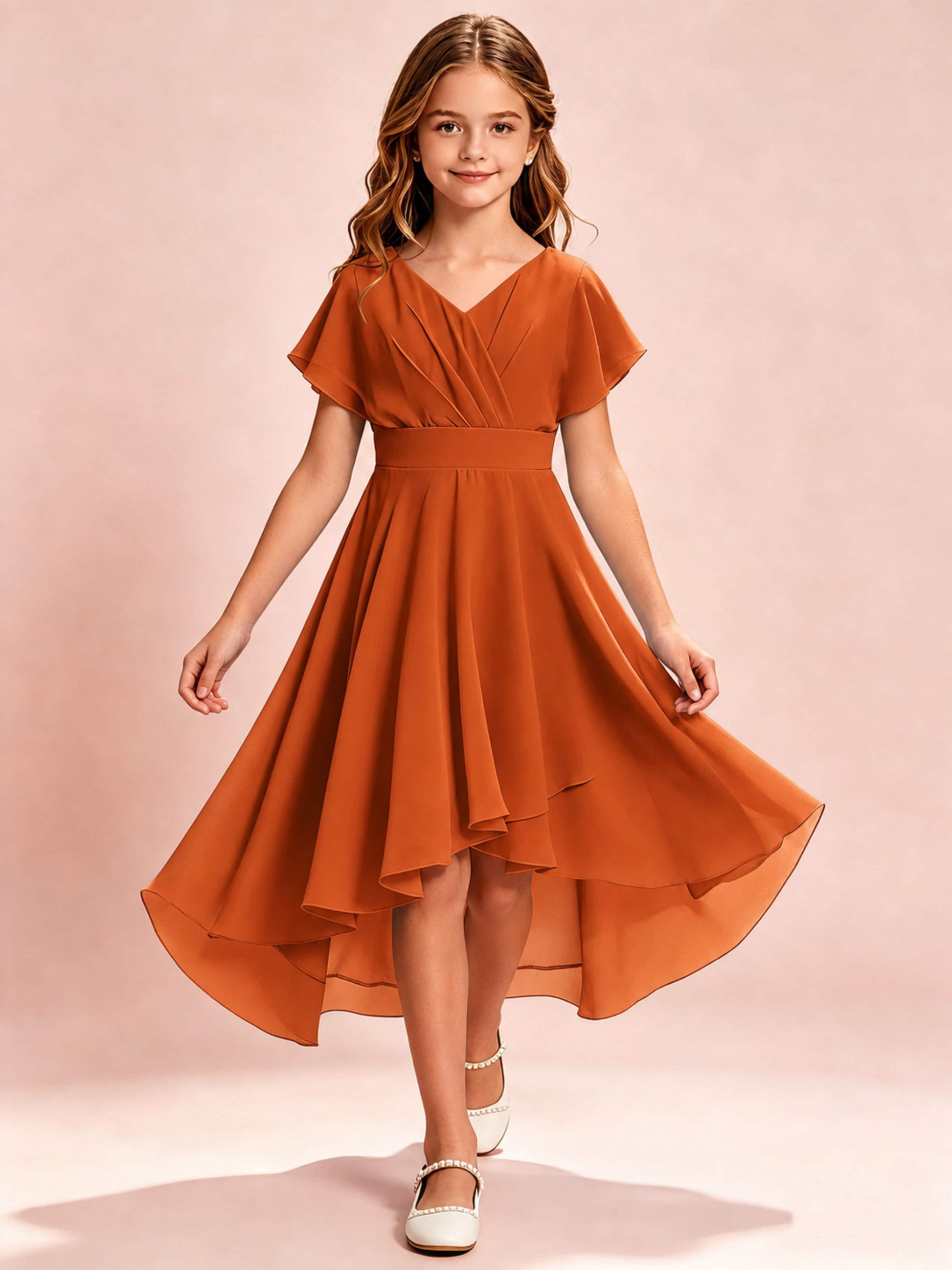 Chiffon High Low Cap Sleeve Junior Bridesmaid Dress for Wedding