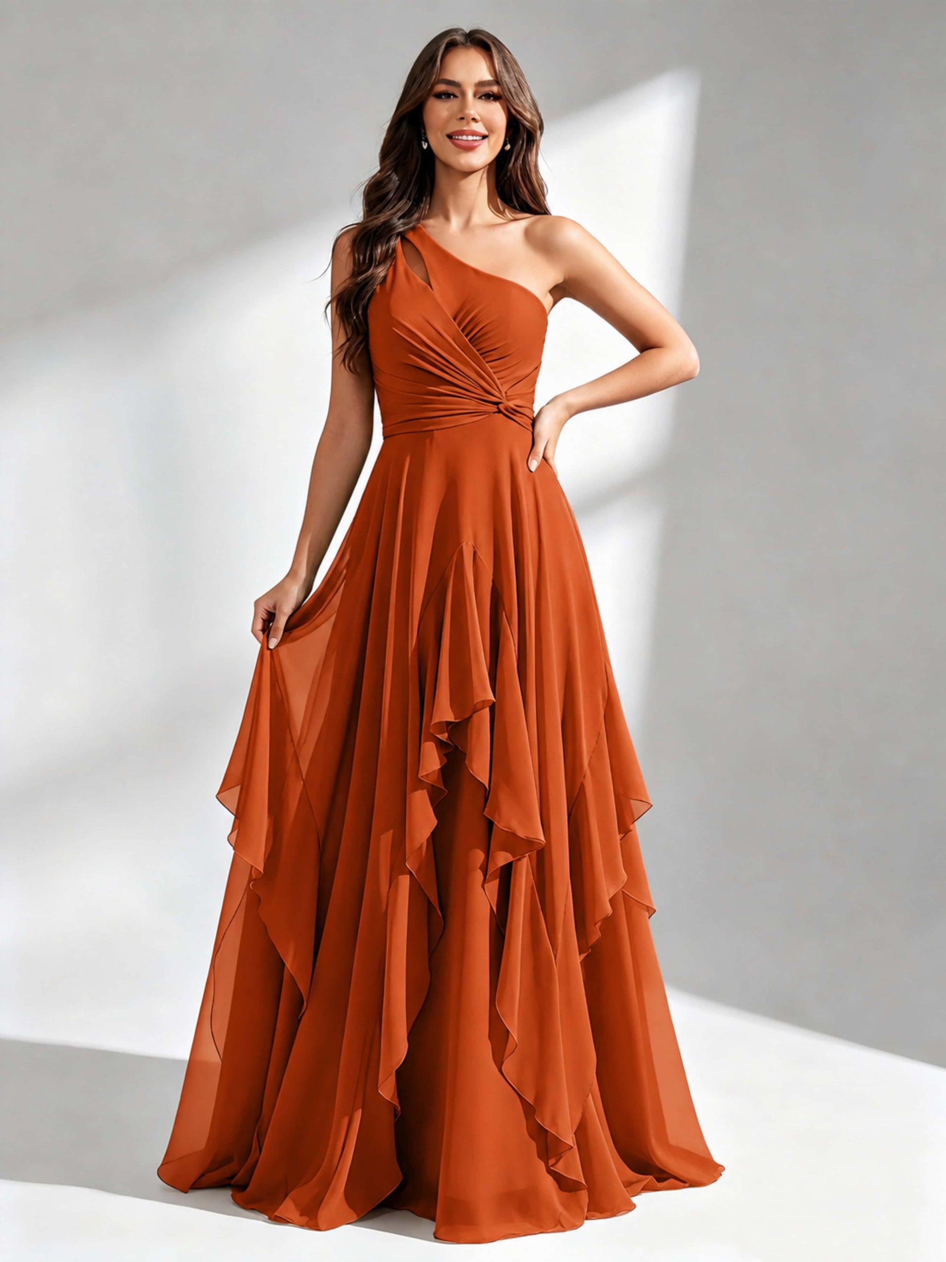 One Shoulder Ruffle Bridesmaid Dresses Formal Evening Gown