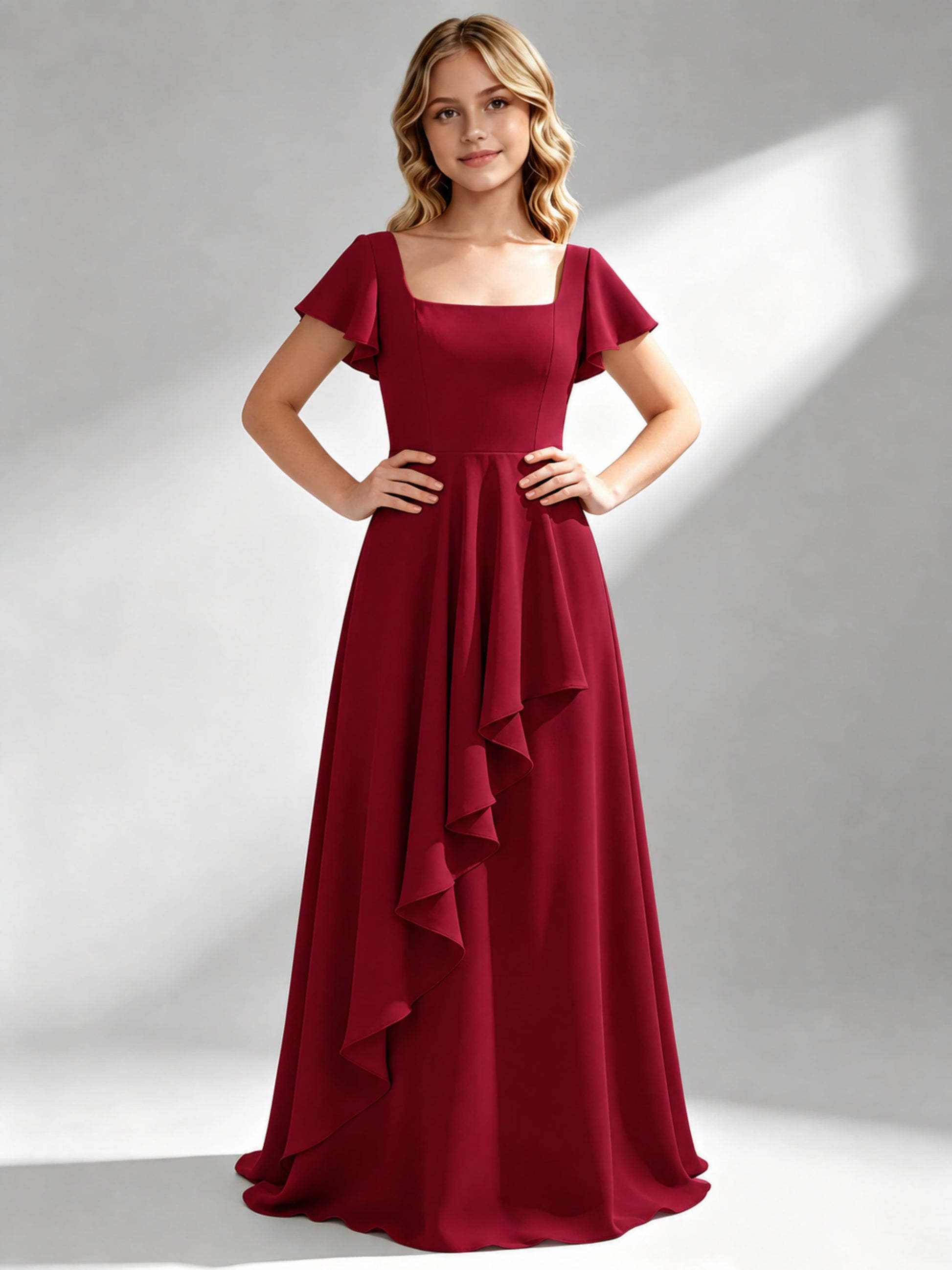 A-Line Square Neck Ruffle Junior Bridesmaid Dresses