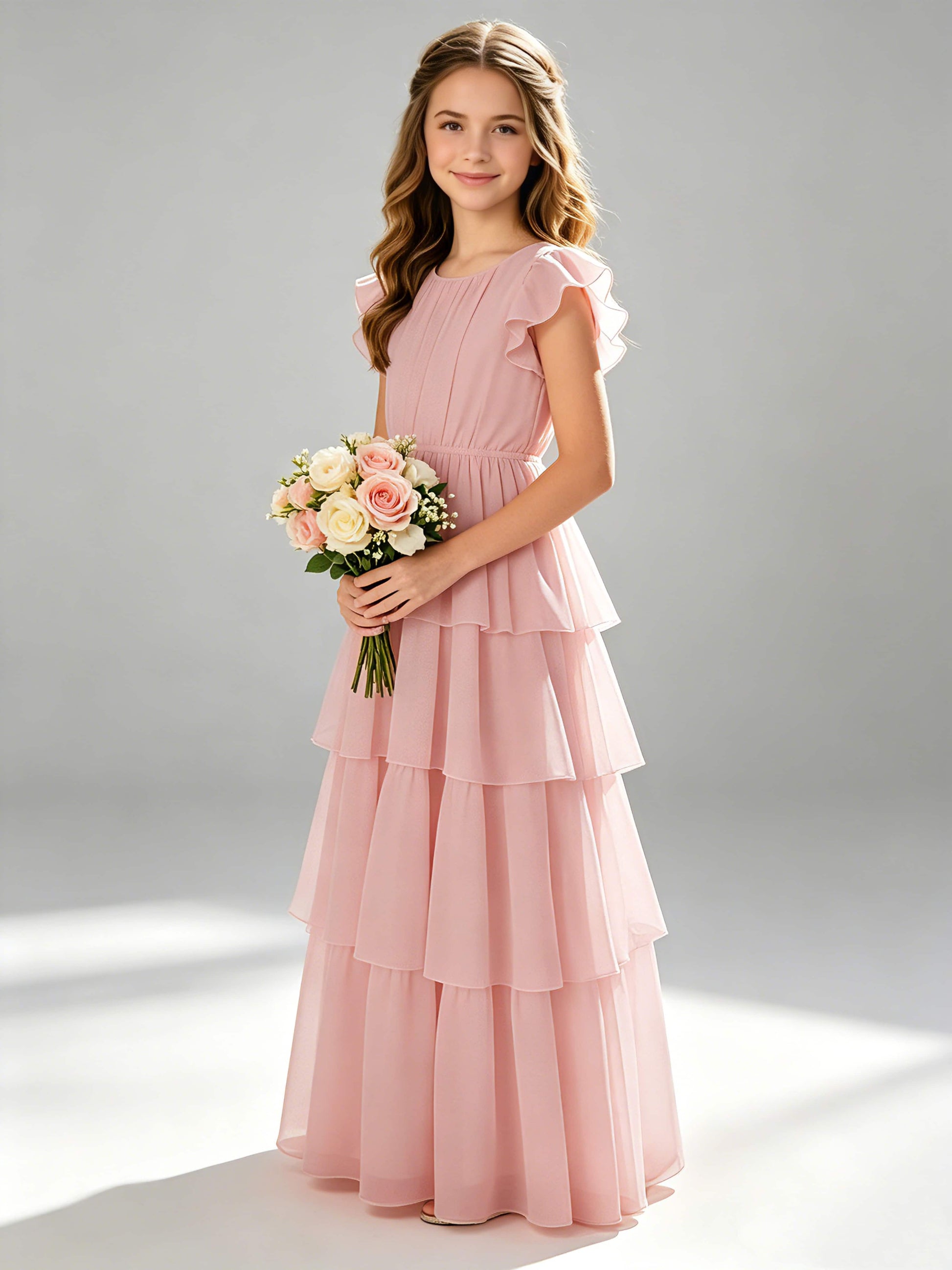 Chiffon Tiered Pleated Long Junior Bridesmaid Dresses