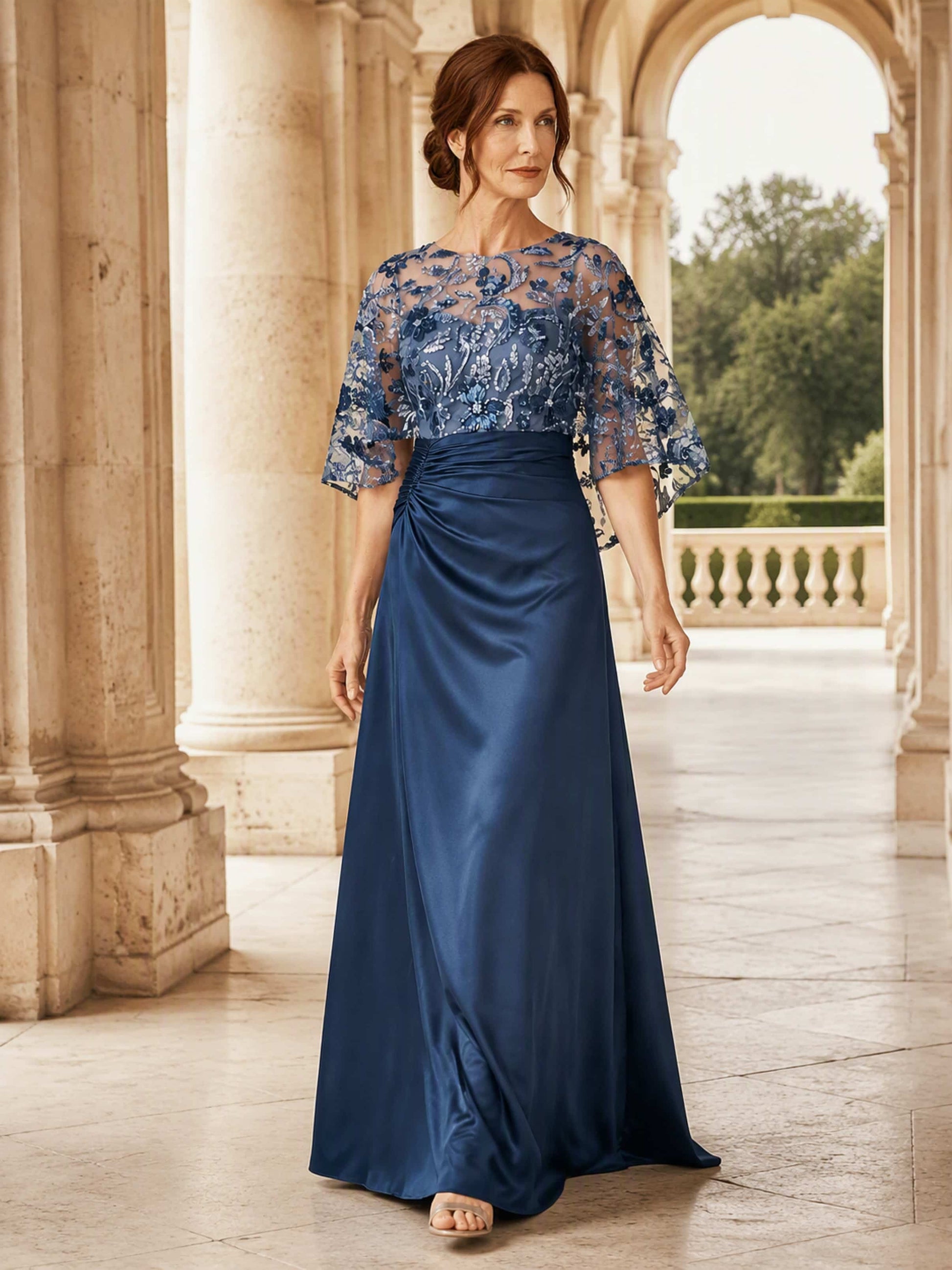 Sequin Satin Dressy Mother of The Bride Dress with Cape