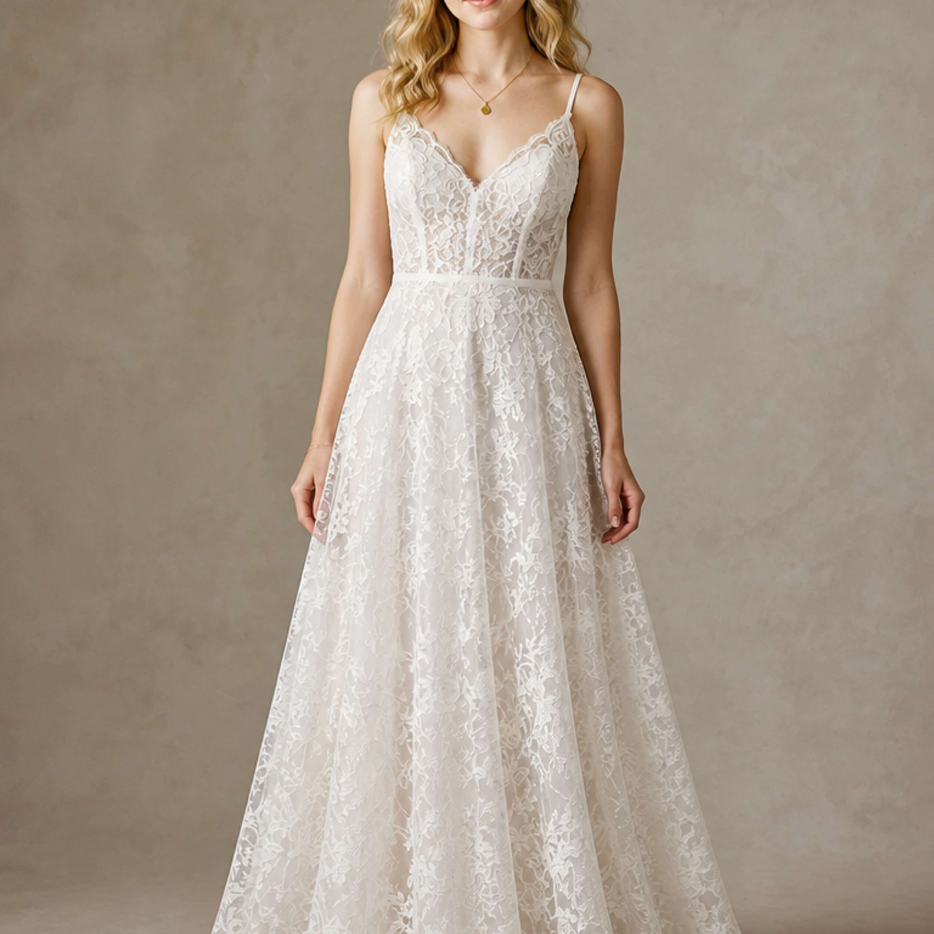 Floor Length Spaghetti Straps Lace Boho Wedding Dress