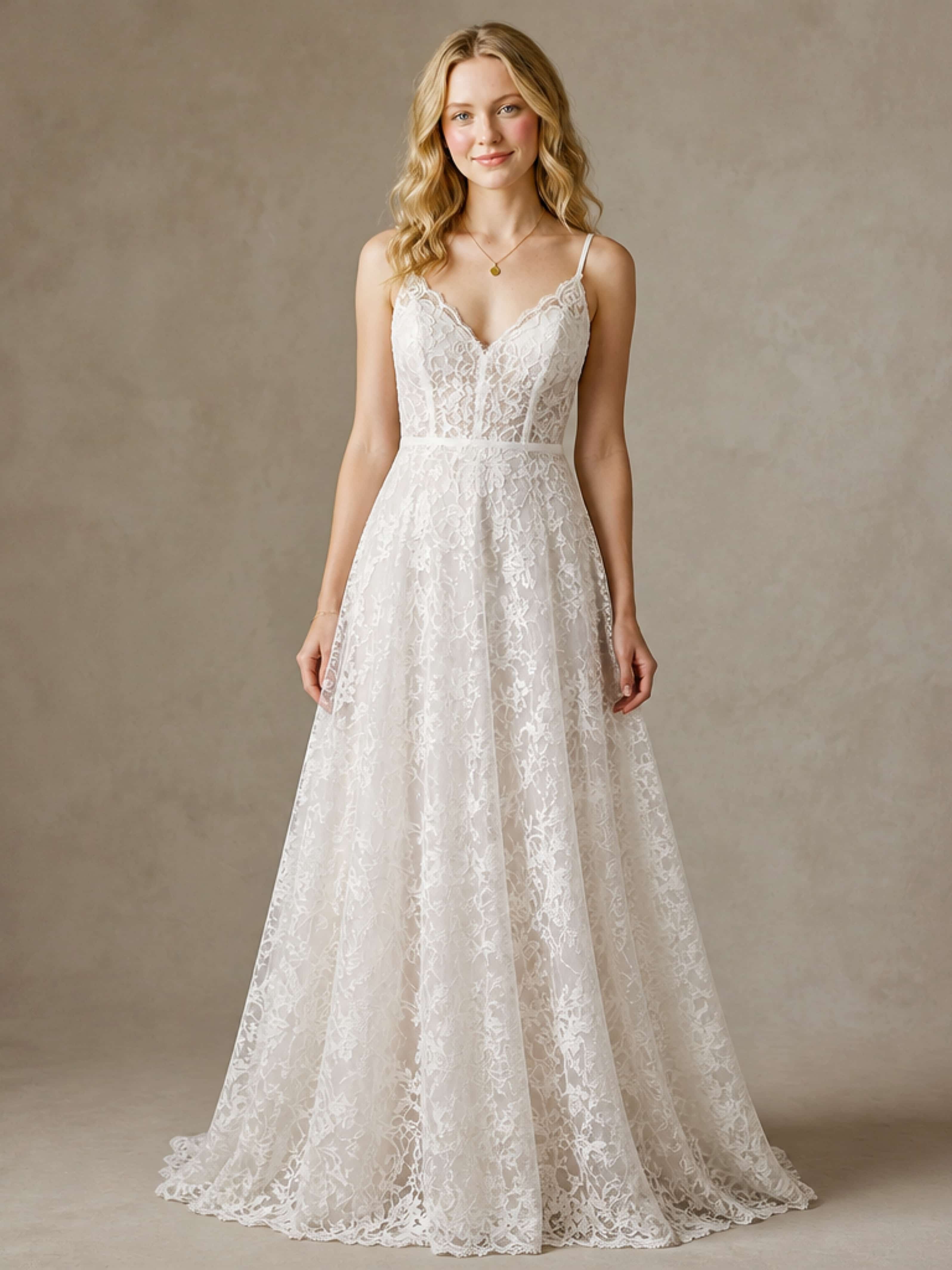Floor Length Spaghetti Straps Lace Boho Wedding Dress