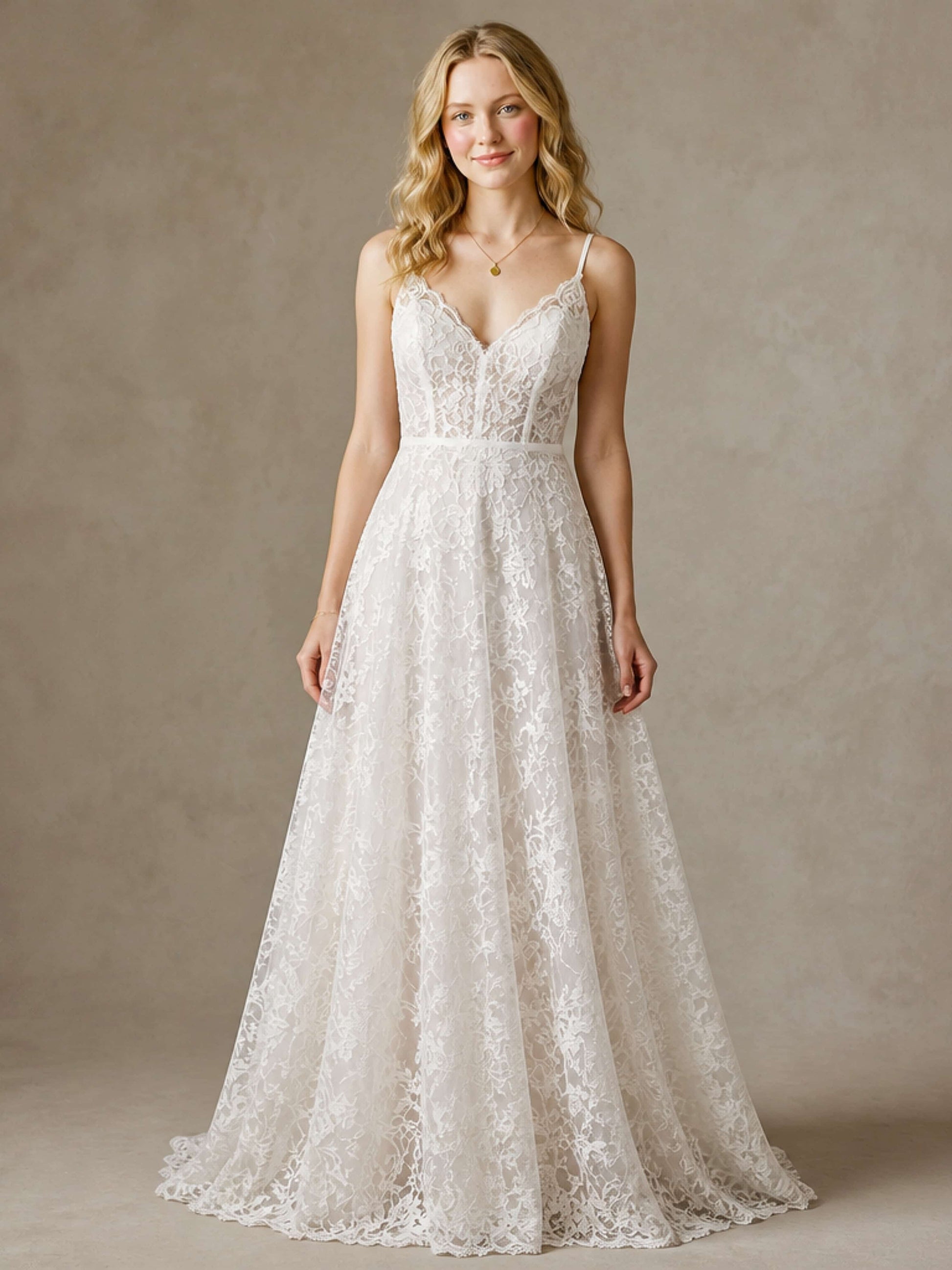 Floor Length Spaghetti Straps Lace Boho Wedding Dress