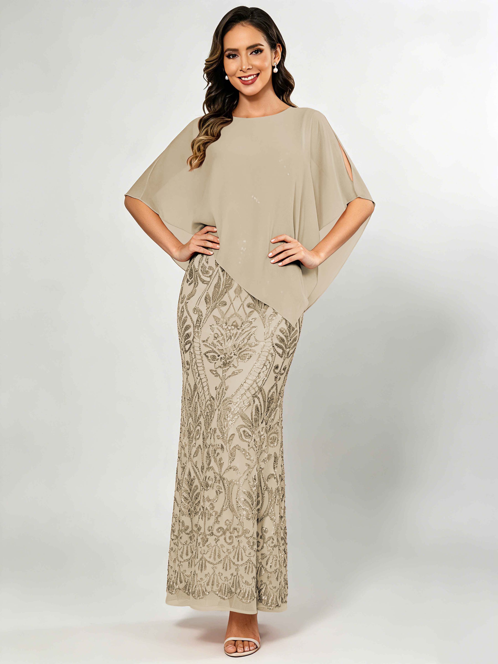 Mermaid Sequin Mother of The Bride Dress with Chiffon Cape