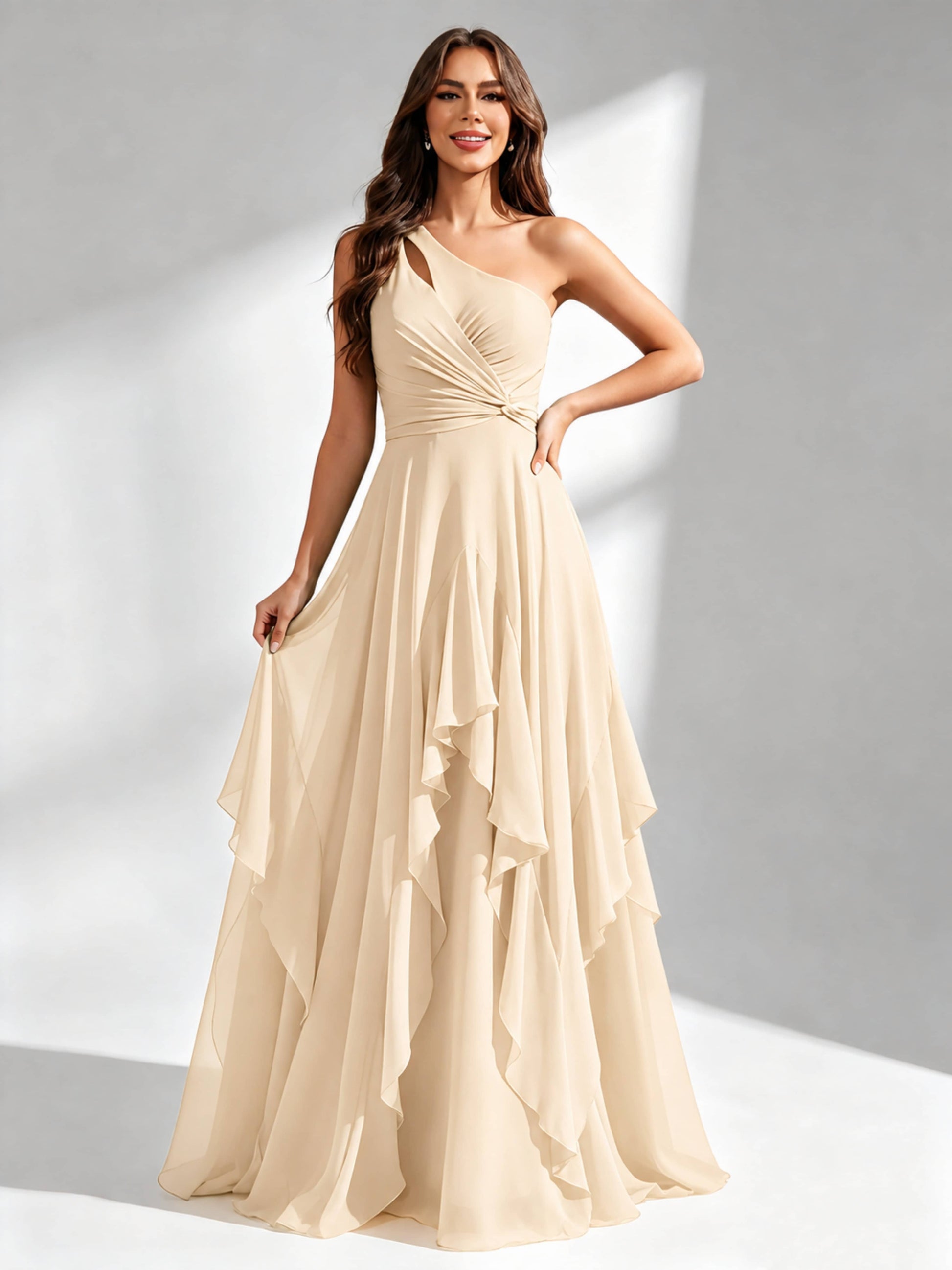 One Shoulder Ruffle Bridesmaid Dresses Formal Evening Gown