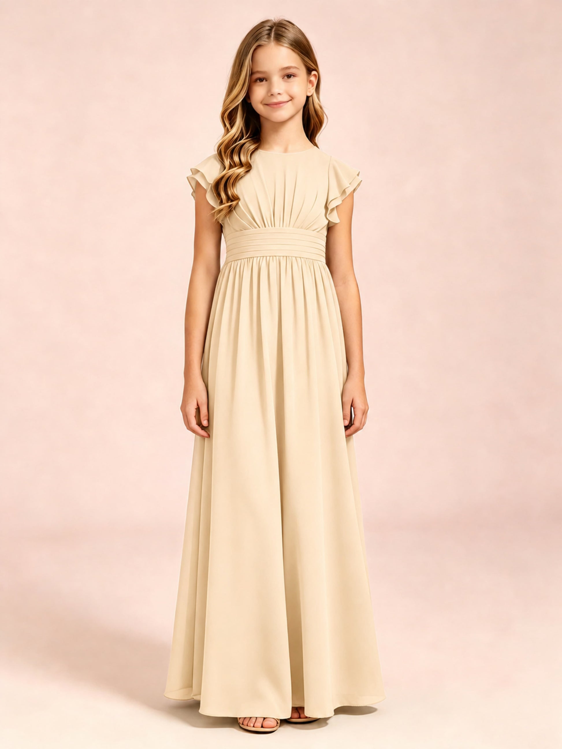 Chiffon Ruffle Cap Sleeve Junior Bridesmaid Dress for Wedding