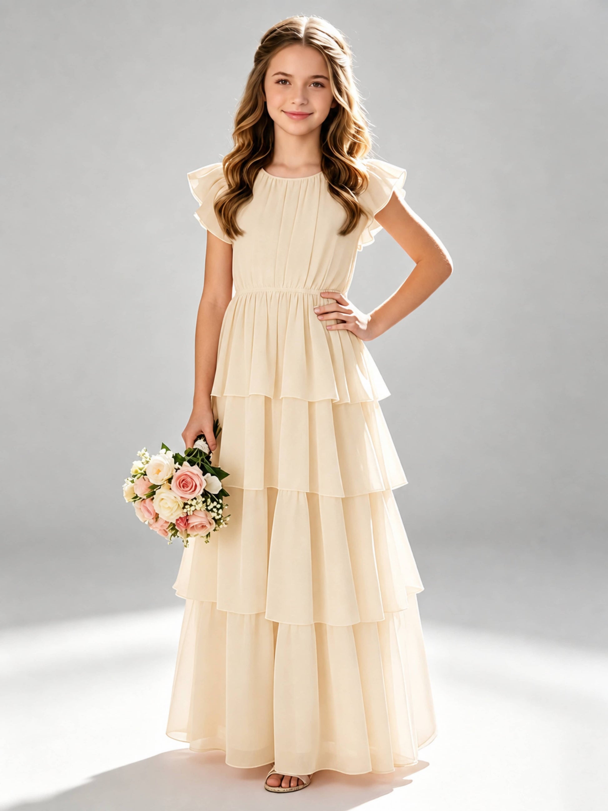 Chiffon Tiered Pleated Long Junior Bridesmaid Dresses