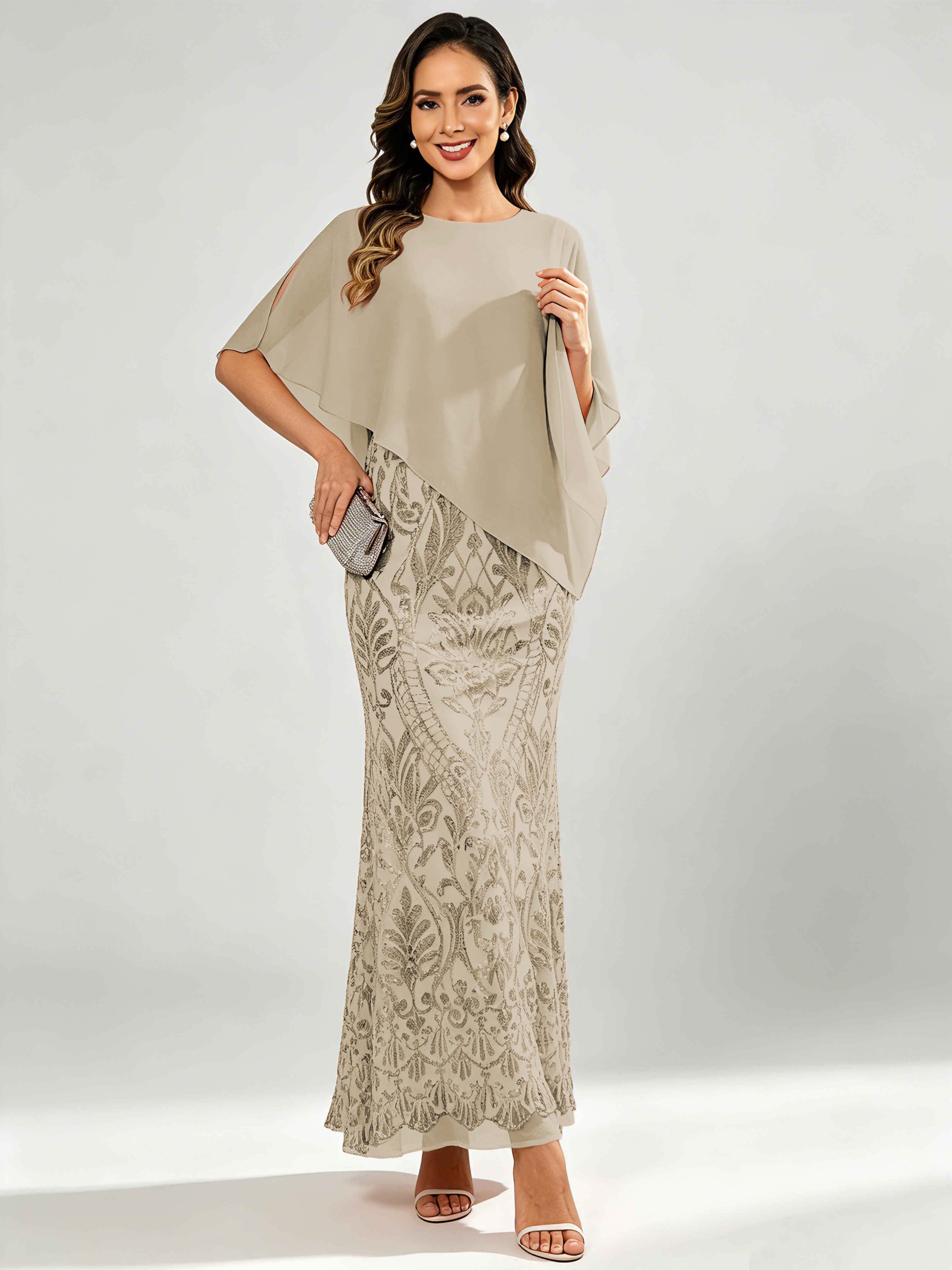 Mermaid Sequin Mother of The Bride Dress with Chiffon Cape