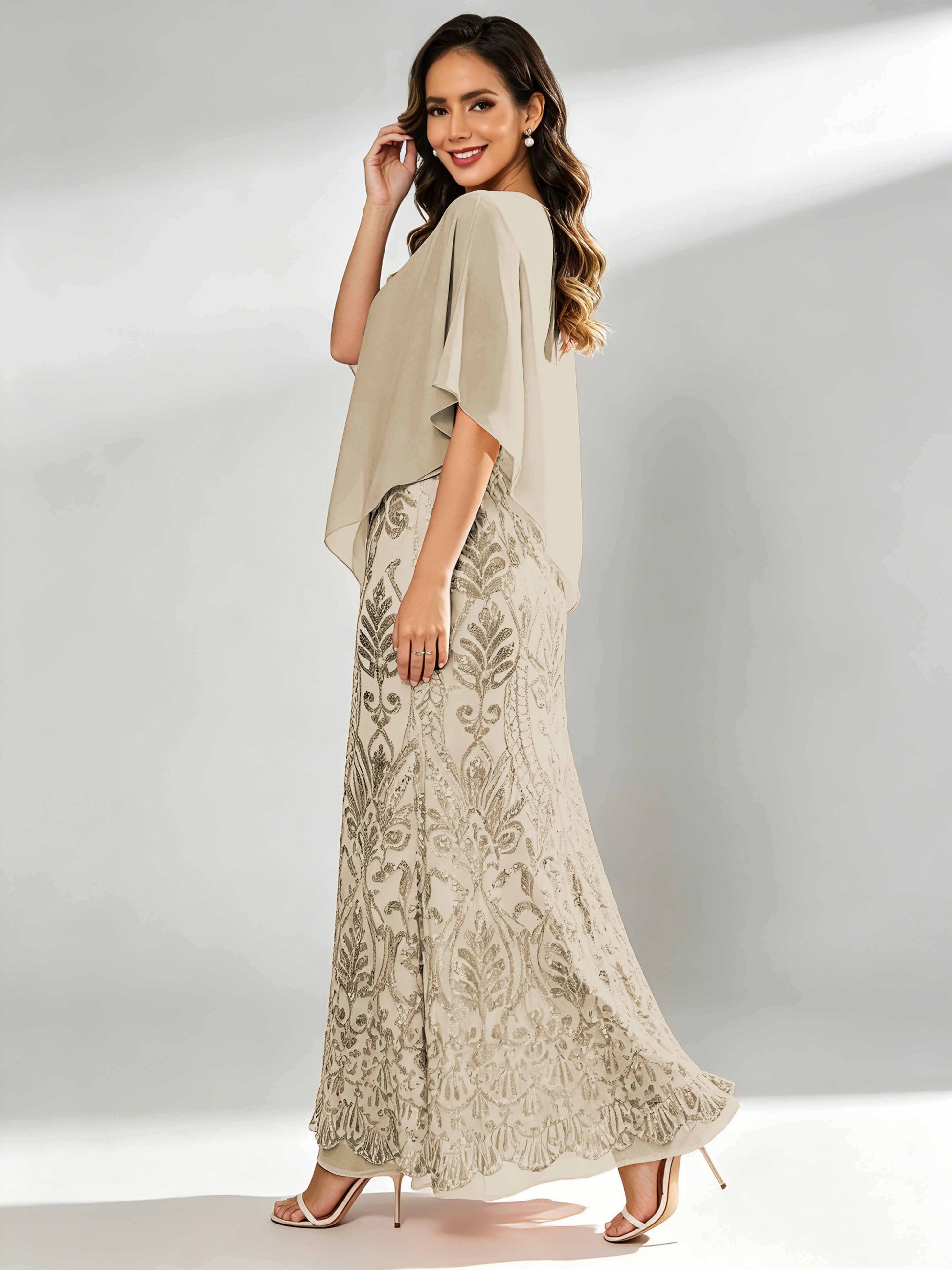 Mermaid Sequin Mother of The Bride Dress with Chiffon Cape