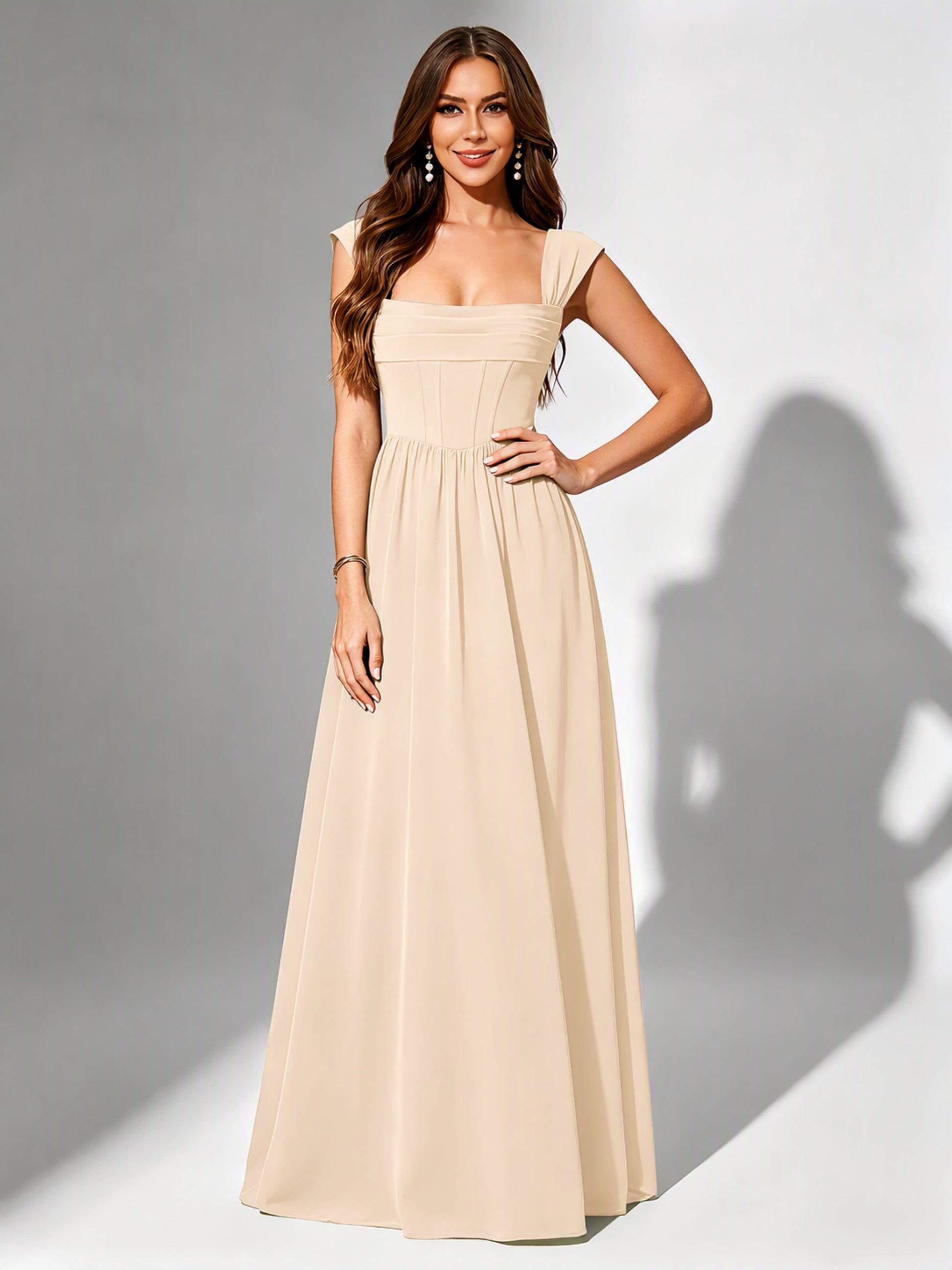 Square Neck Chiffon Bridesmaid Dress Corset Formal Gown