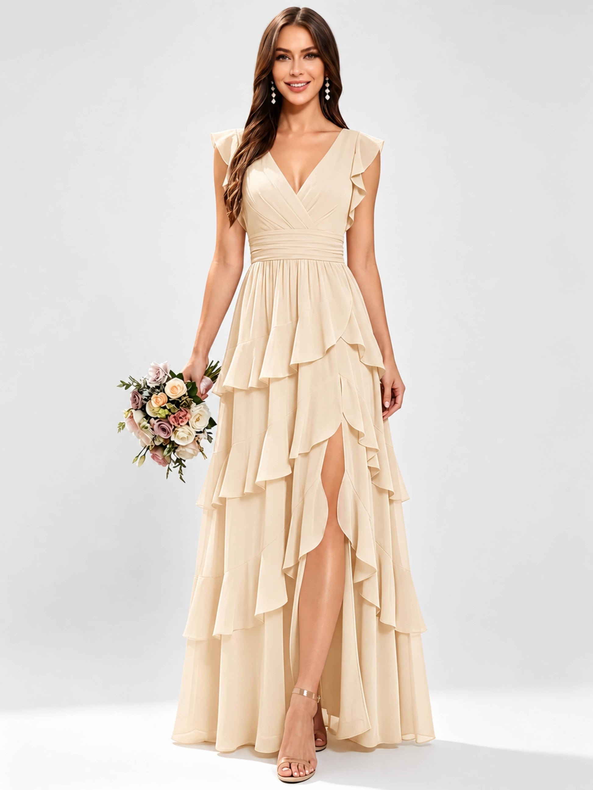 Ruffle Sleeve Tiered Chiffon Bridesmaid Dresses for Wedding with Slit