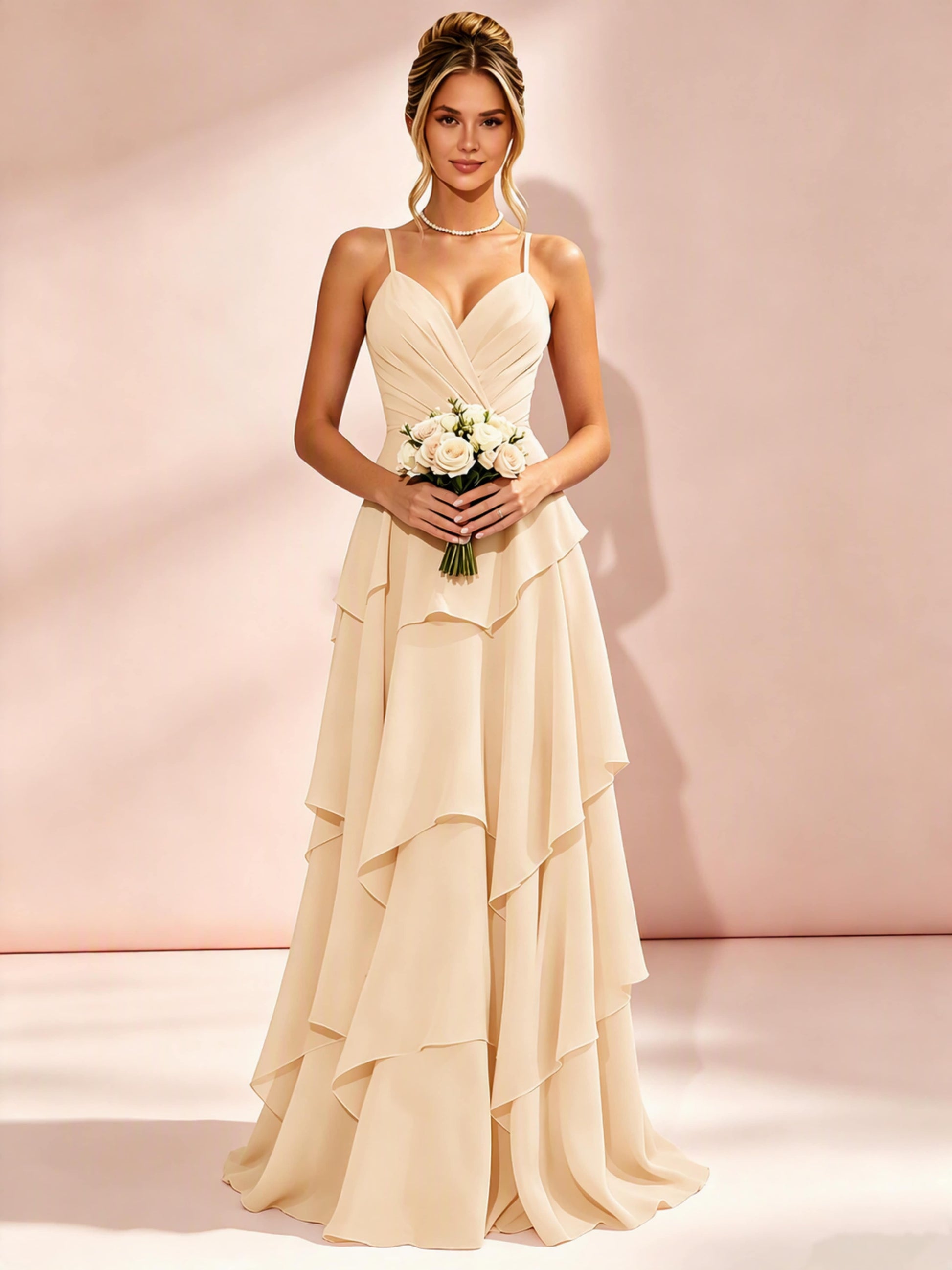 Spaghetti Straps Ruffle Tiered Chiffon Bridesmaid Dress for Wedding