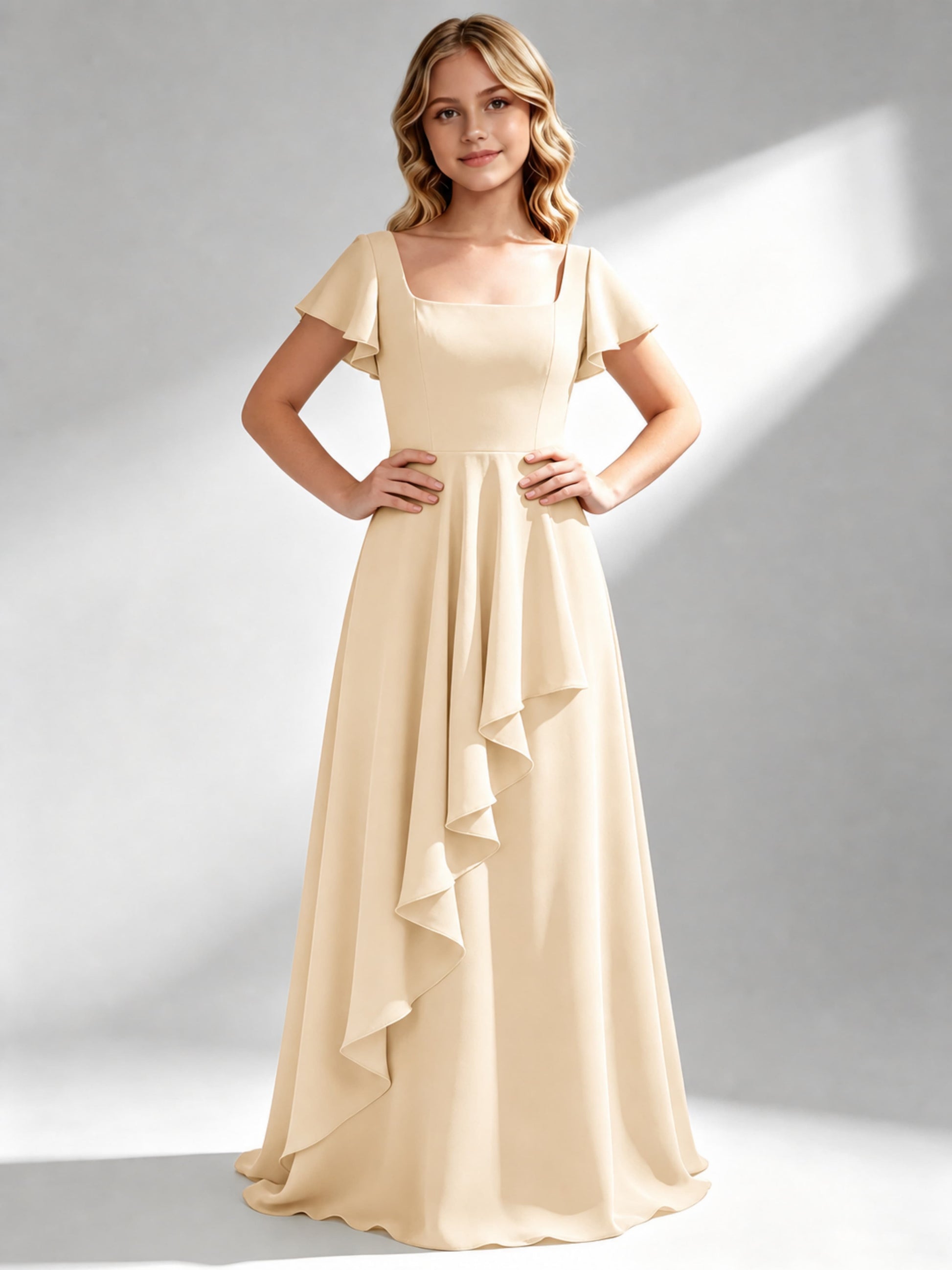 A-Line Square Neck Ruffle Junior Bridesmaid Dresses