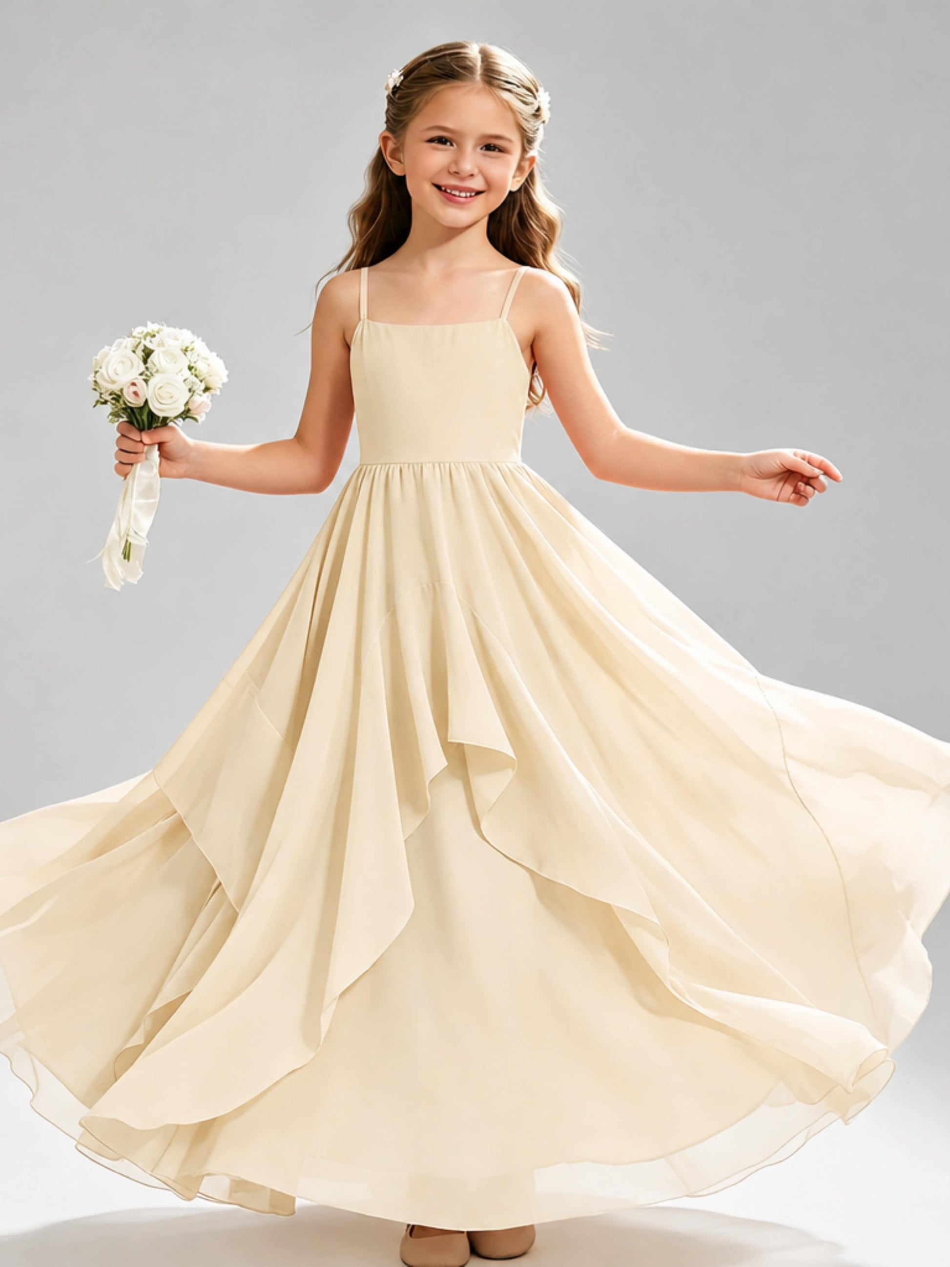 A-Line Spaghetti Straps Ruffle Junior Bridesmaid Dresses