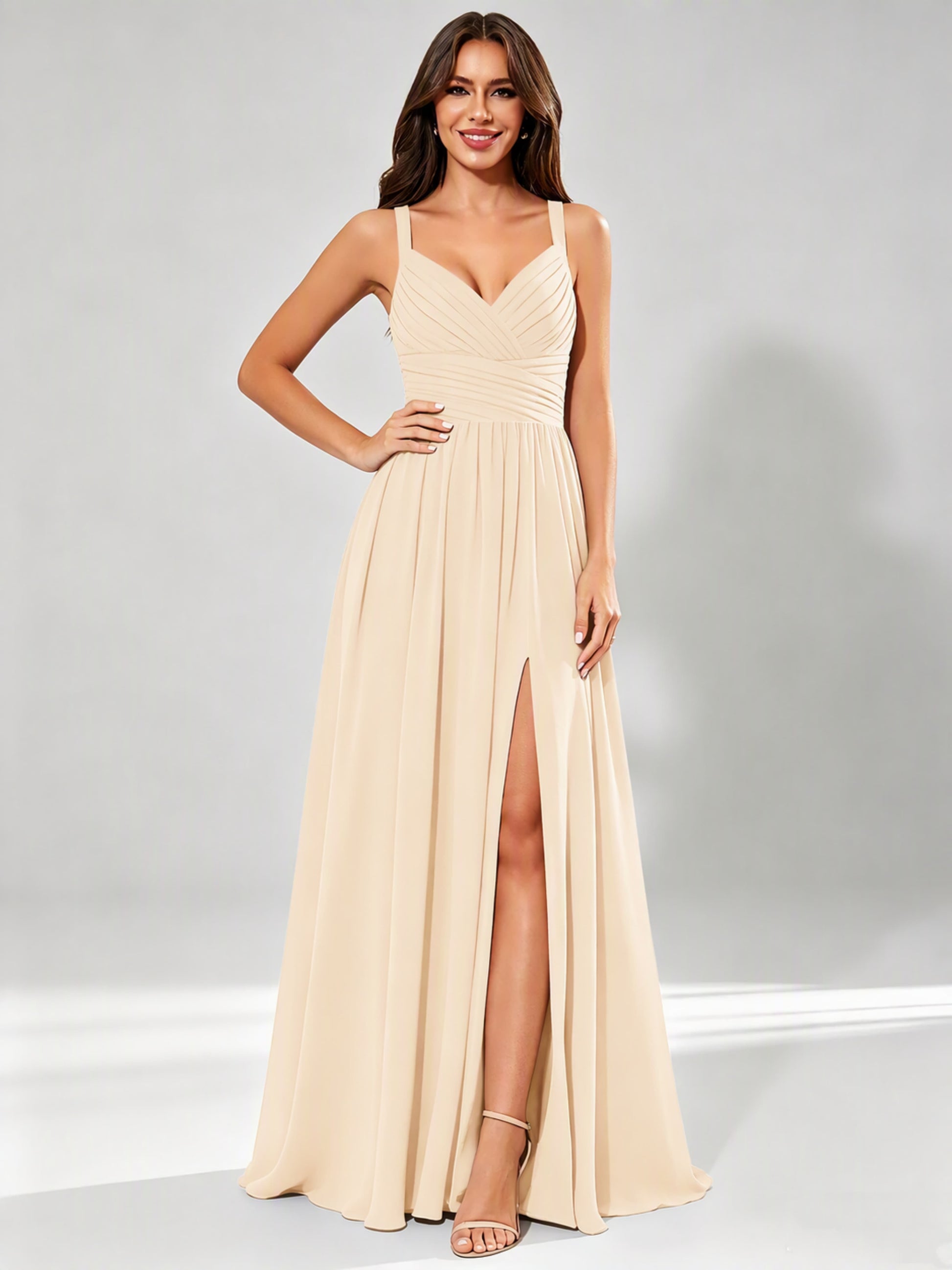 Spaghetti Straps Chiffon Ruched Bust Pleated Bridesmaid Dress for Wedding