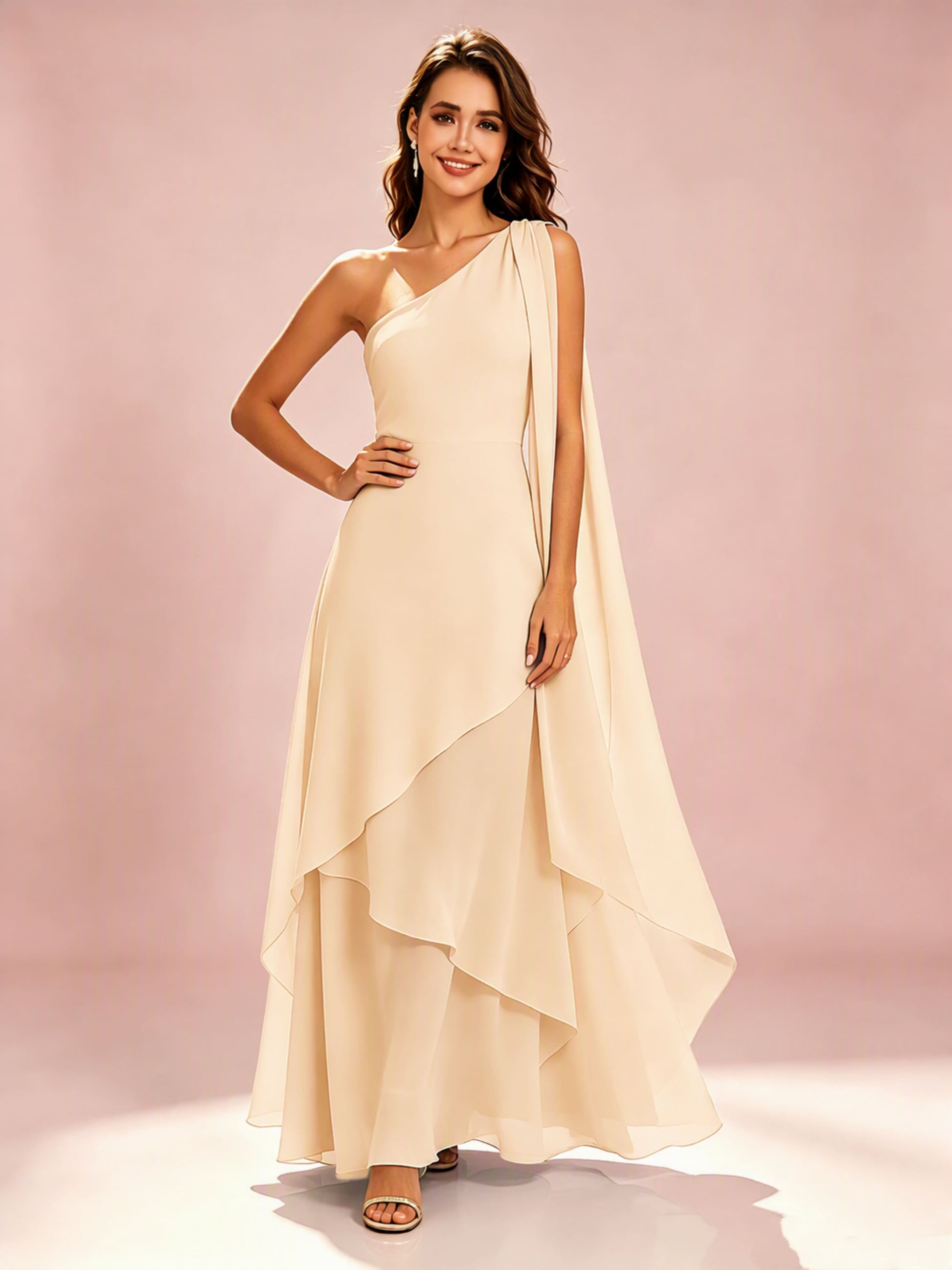 One Shoulder Chiffon Tiered Layered Bridesmaid Dresses for Wedding