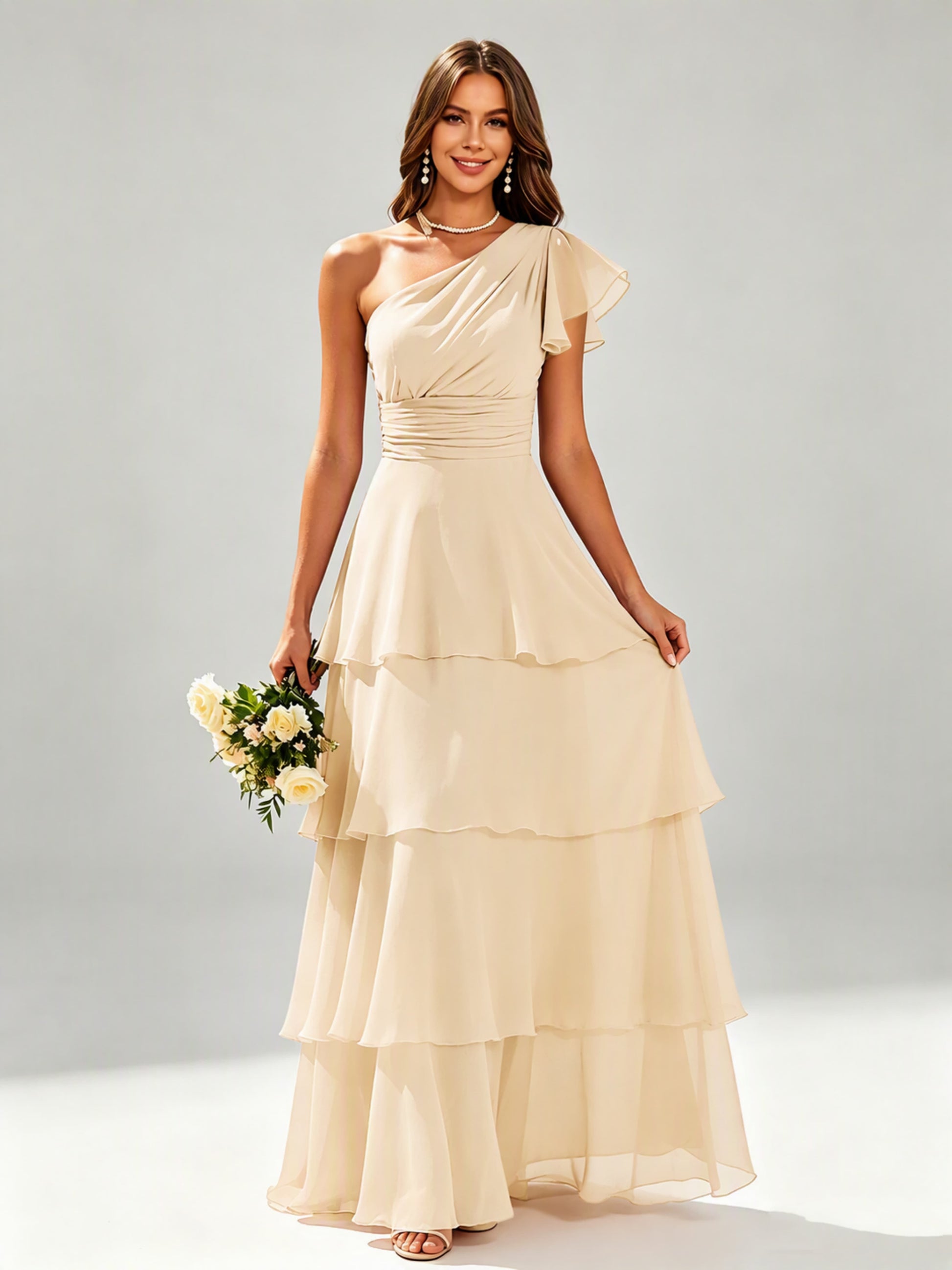 One Shoulder Ruffle Tiered Chiffon Bridesmaid Dress for Wedding