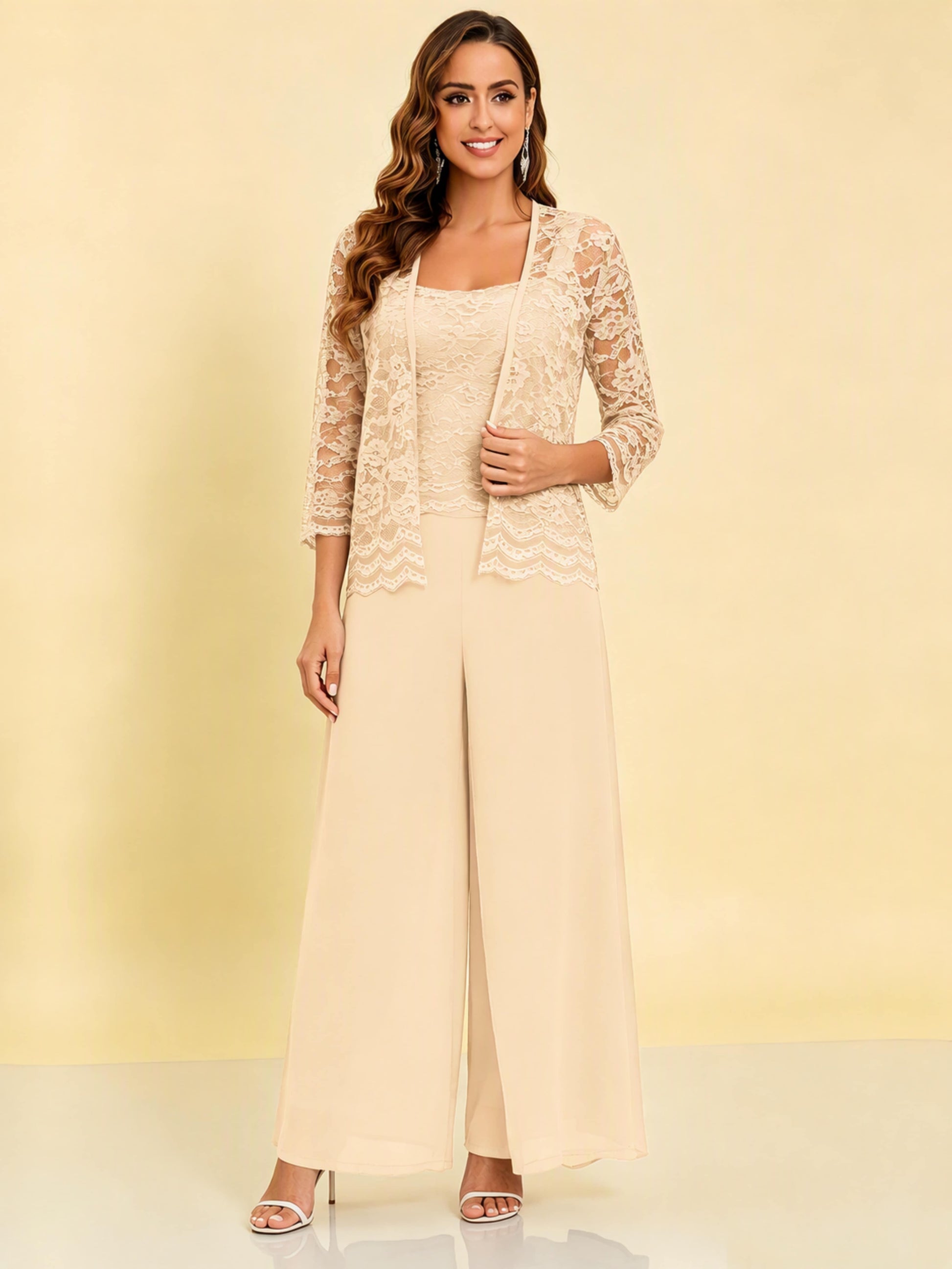 Chiffon Lace Flowy 3 Pieces Mother of The Bride Pant Suits Women Wedding