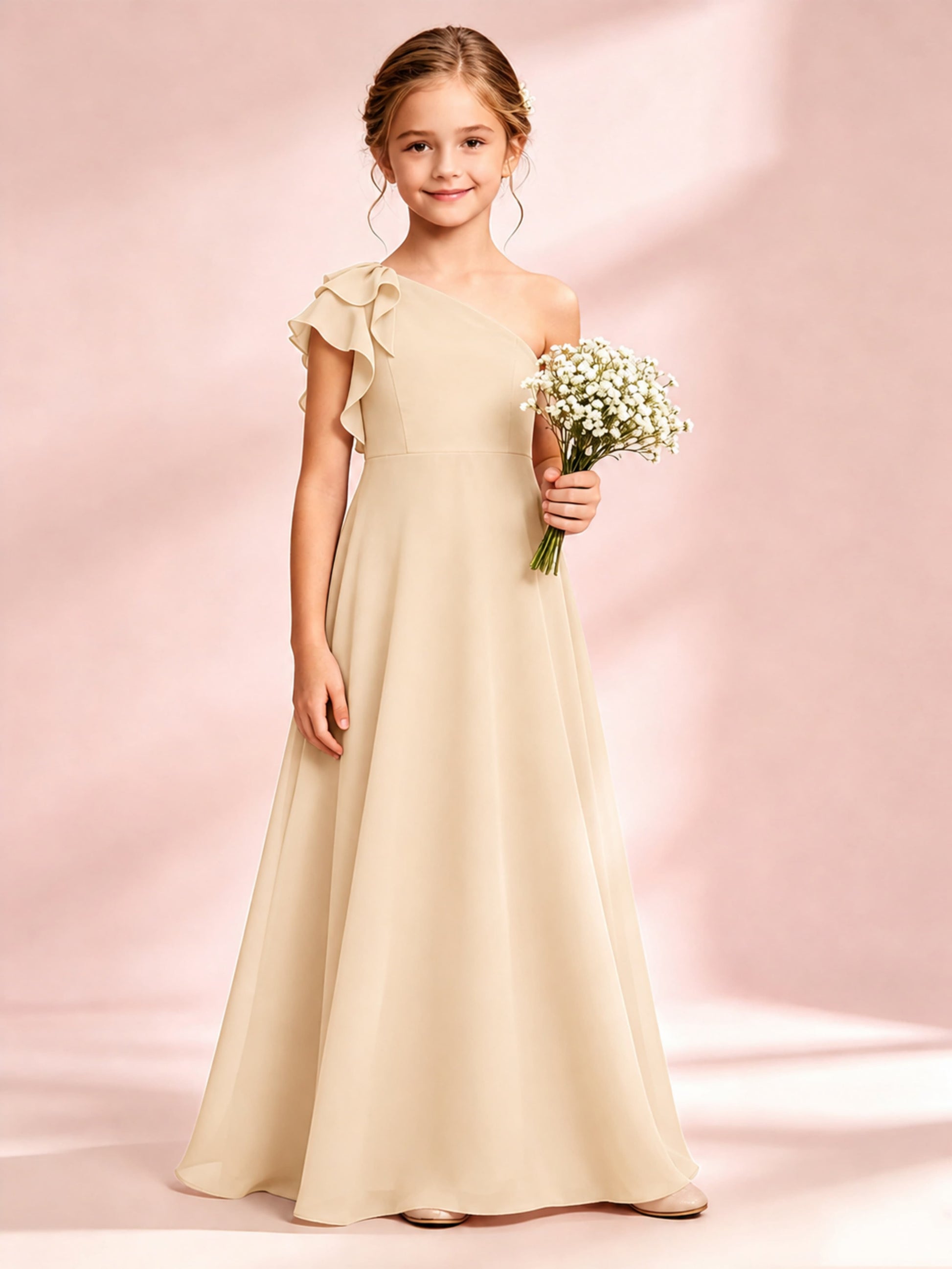 Chiffon Junior Bridesmaid Dress for Wedding One Shoulder Flower Girl Dresses