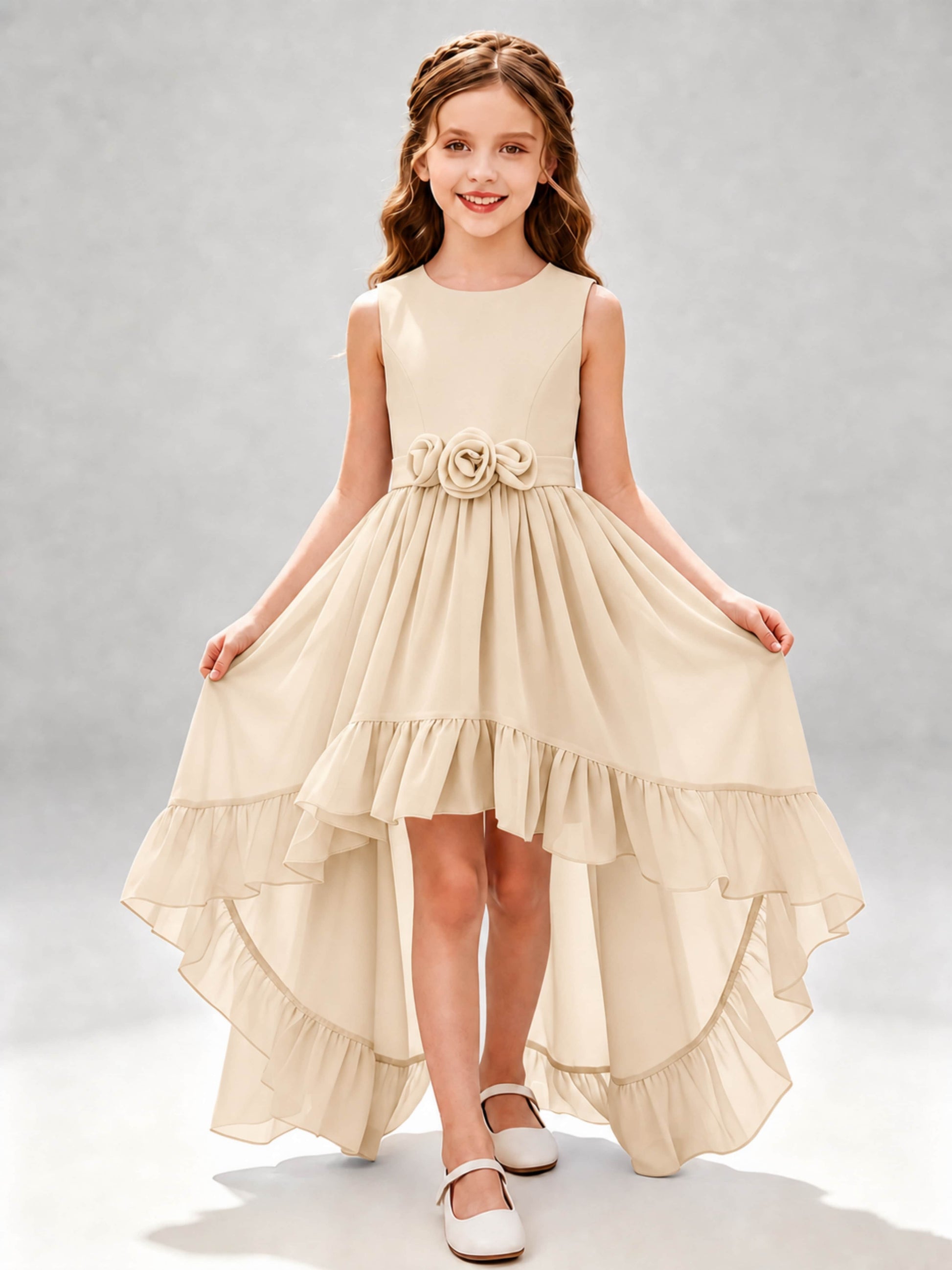 Chiffon 3D Flower High Low Junior Bridesmaid Dresses