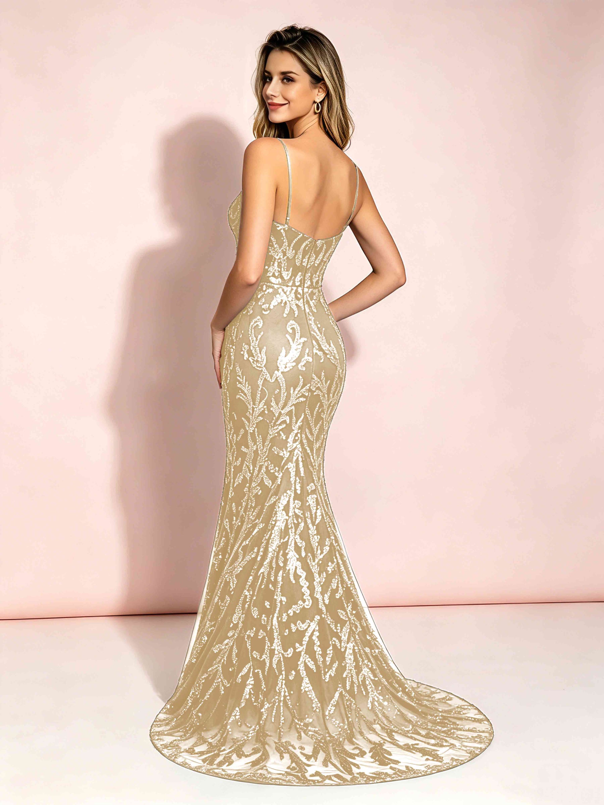 Mermaid V-Neck Sweep Train Sequin Sparkly Prom Dresses with Slit