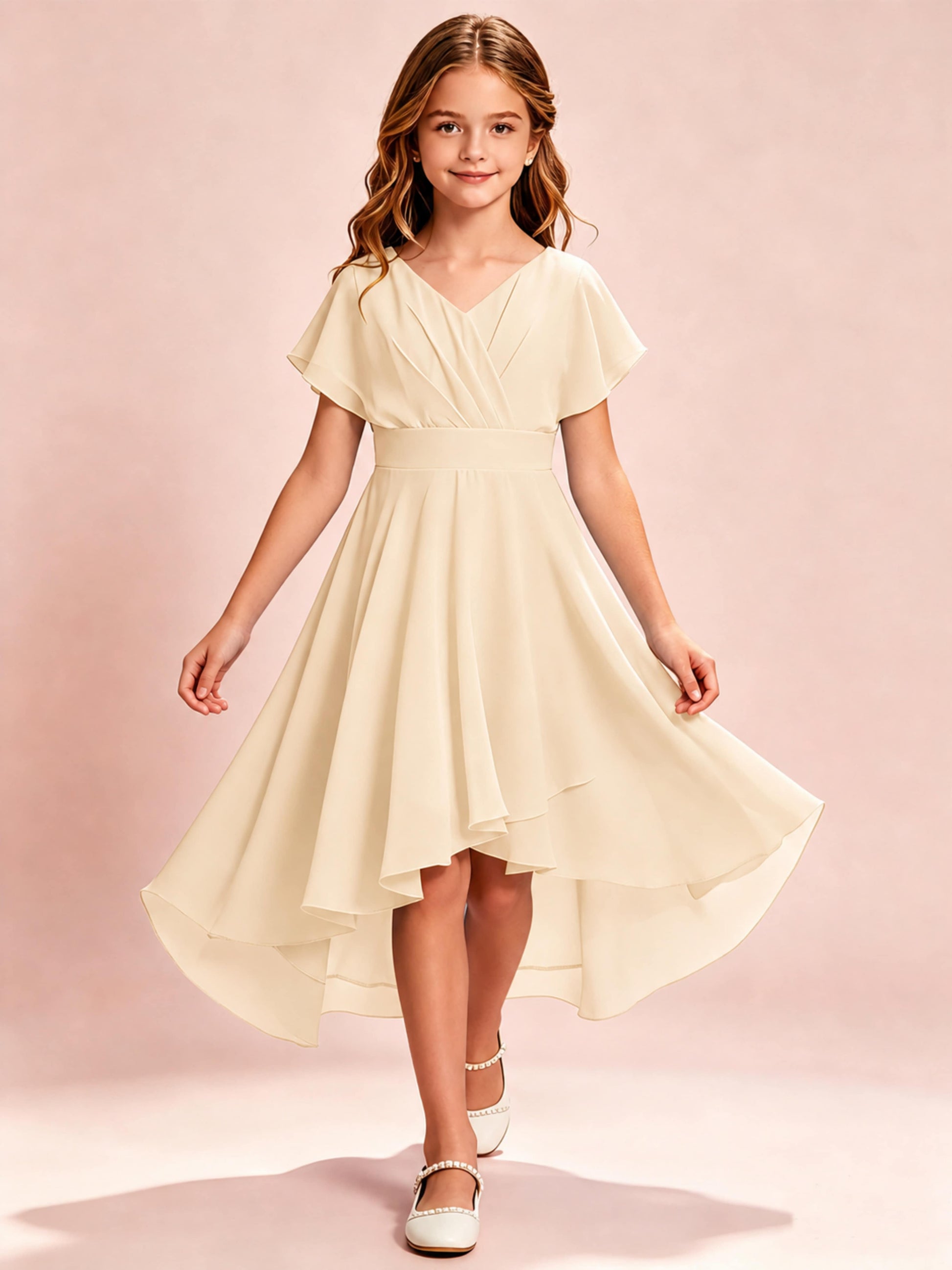 Chiffon High Low Cap Sleeve Junior Bridesmaid Dress for Wedding
