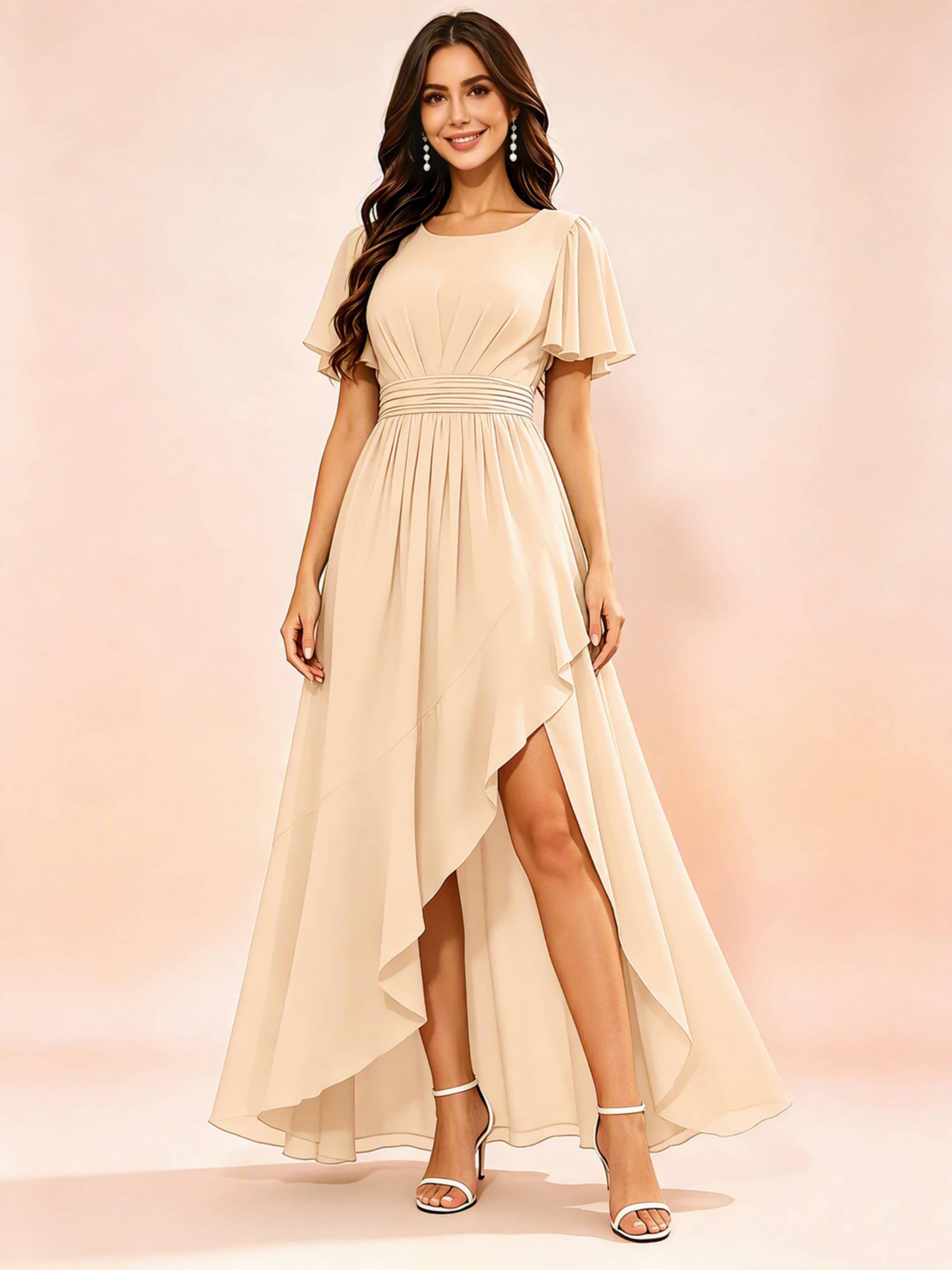 Chiffon High Low Round Neck Bridesmaid / Wedding Guest Dresses
