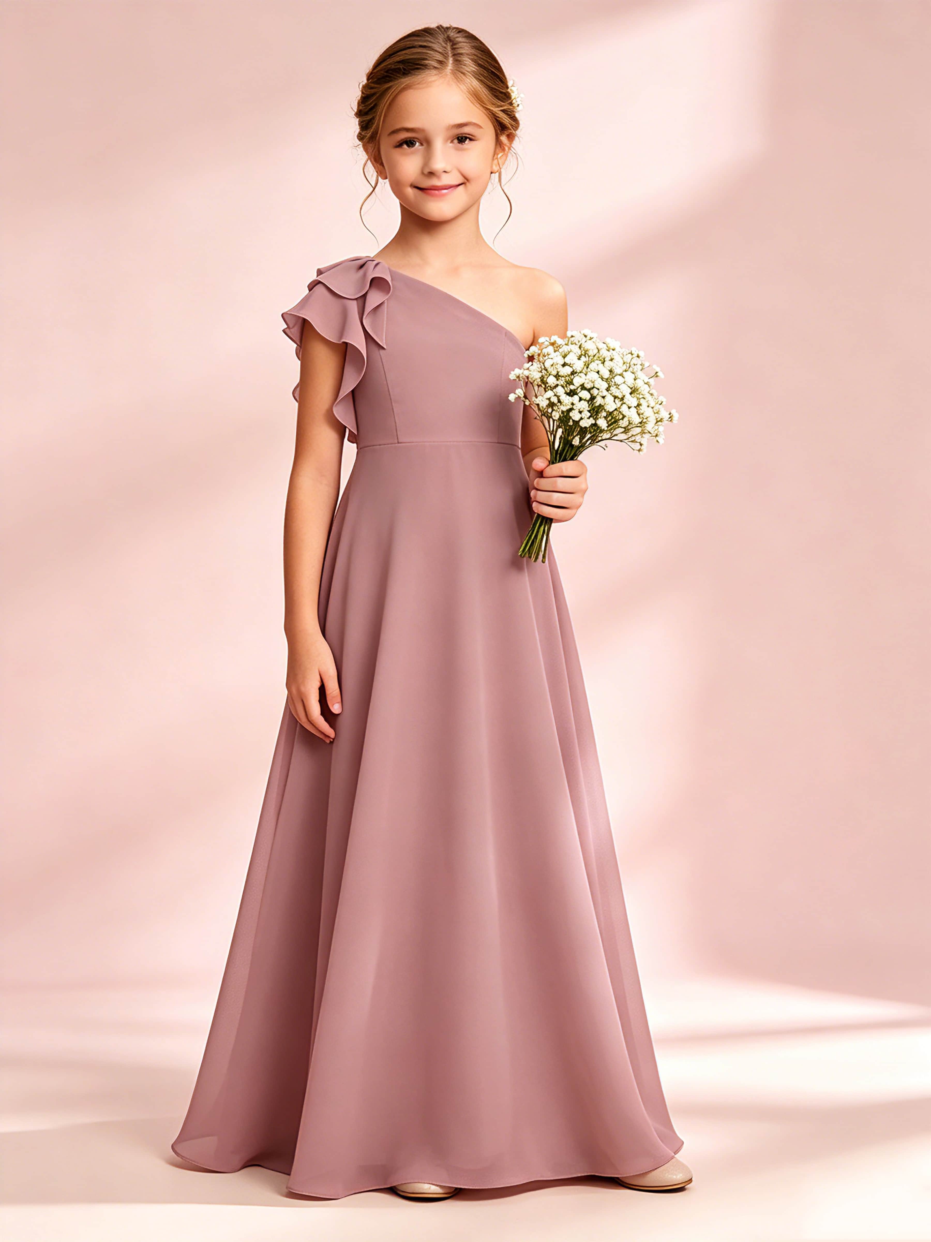 Chiffon Junior Bridesmaid Dress for Wedding One Shoulder Flower Girl Dresses