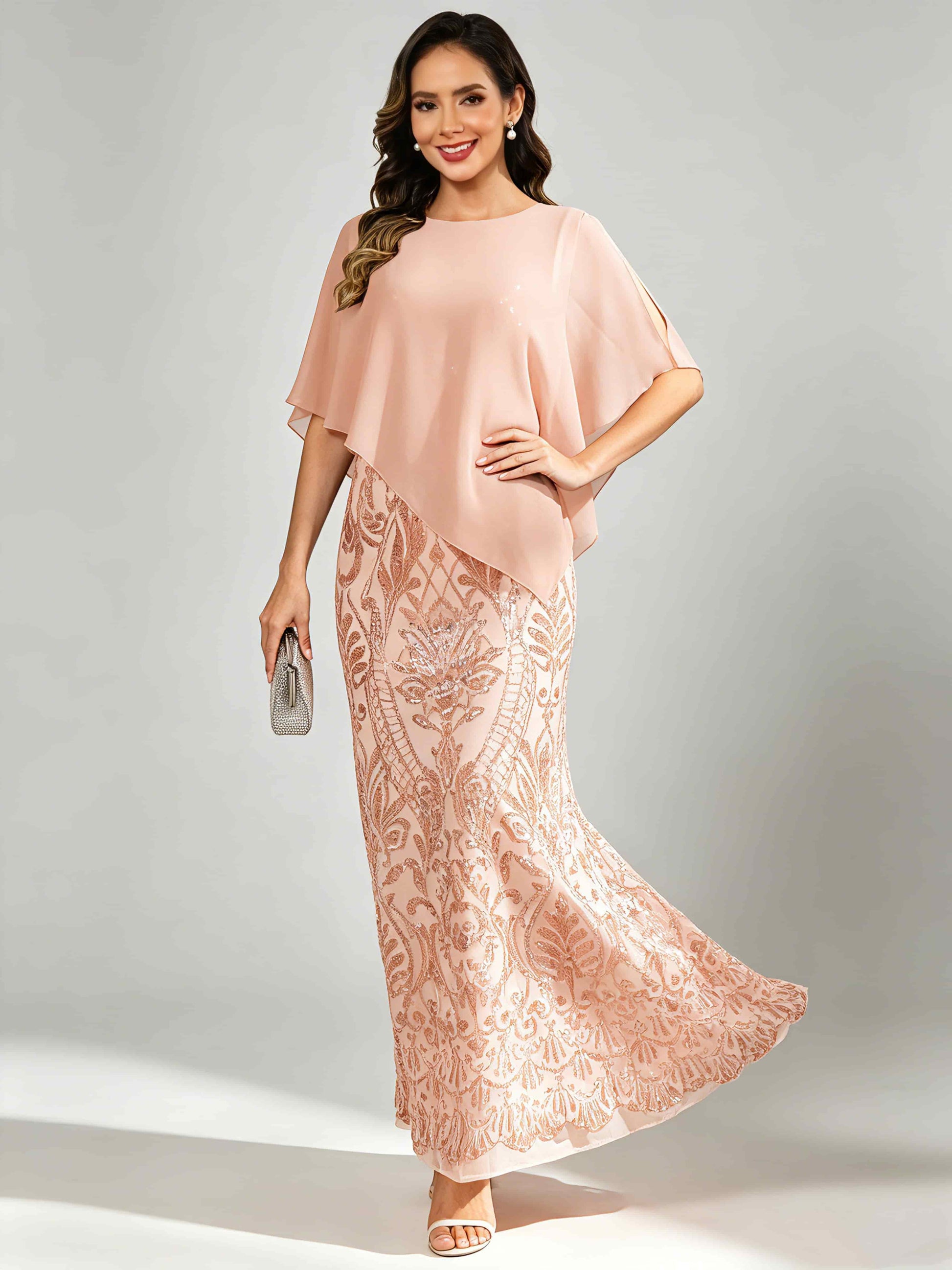 Mermaid Sequin Mother of The Bride Dress with Chiffon Cape