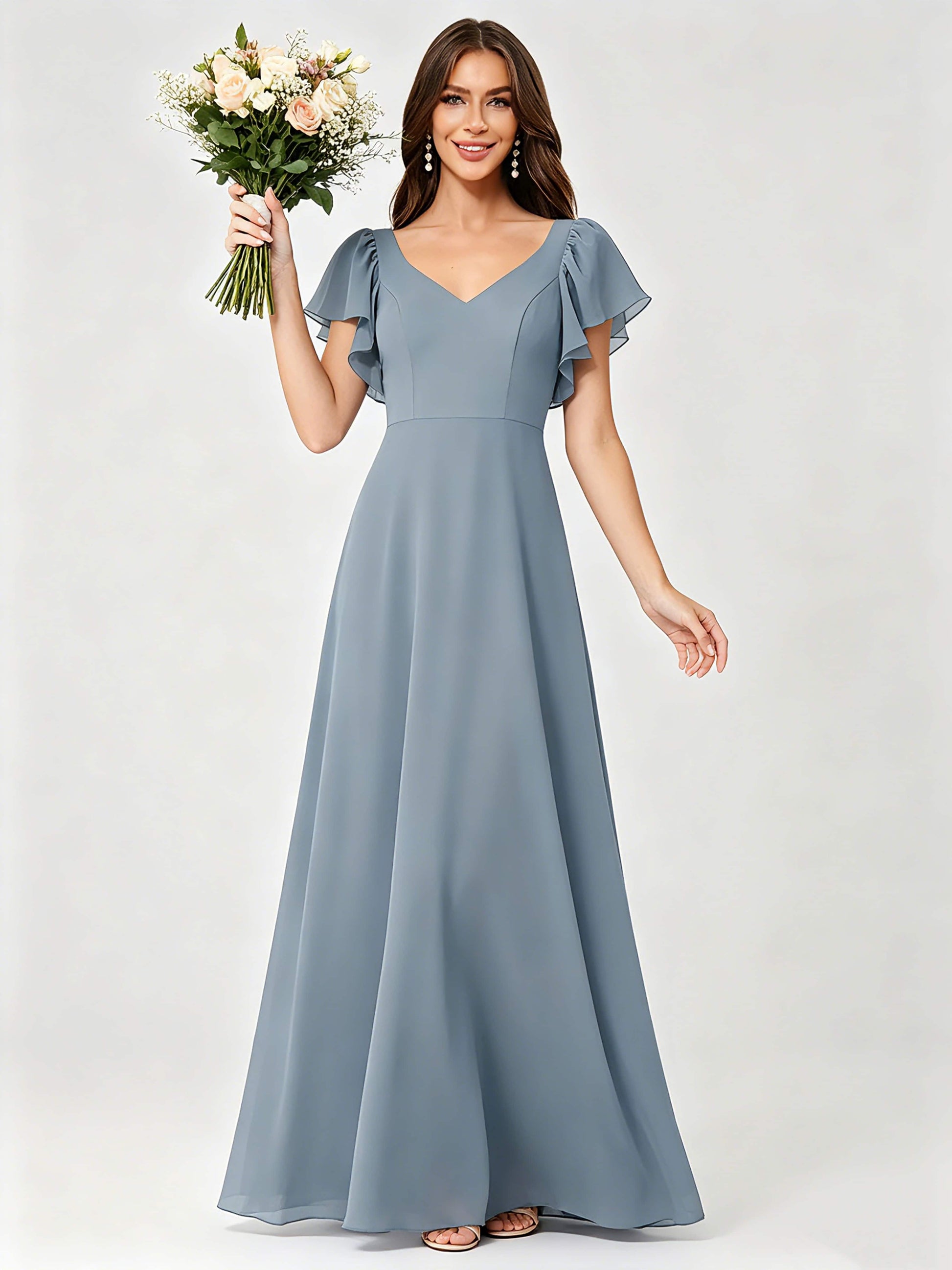 Ruffle Sleeve Chiffon Bridesmaid Dresses for Women Wedding