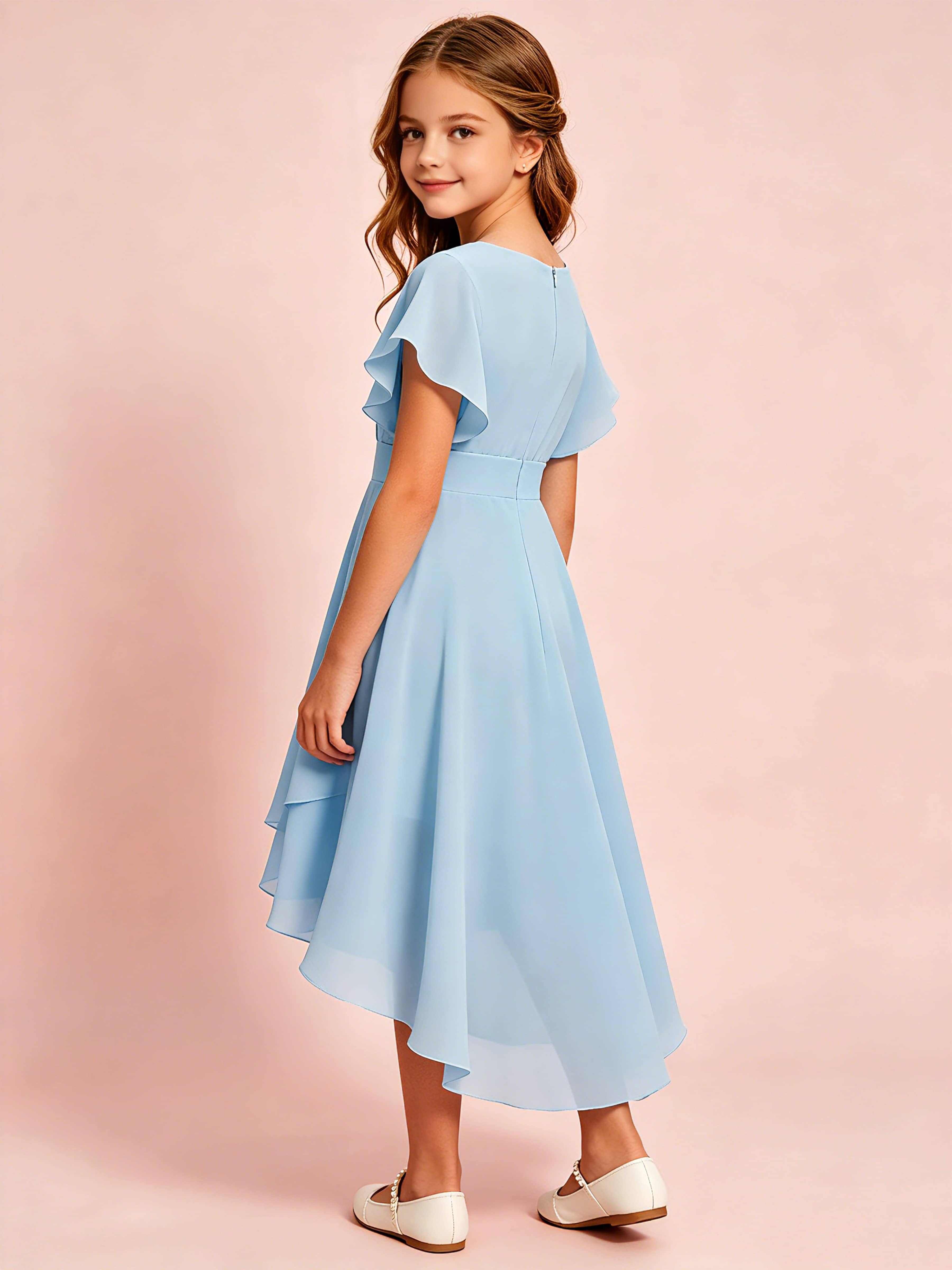 Chiffon High Low Cap Sleeve Junior Bridesmaid Dress for Wedding