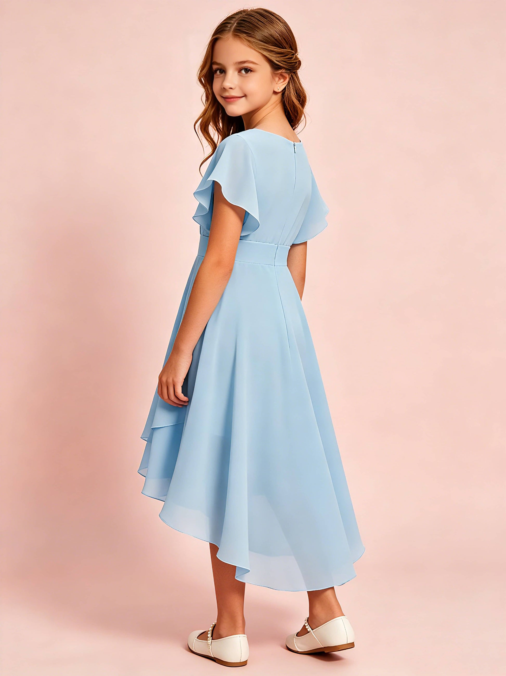 Chiffon High Low Cap Sleeve Junior Bridesmaid Dress for Wedding