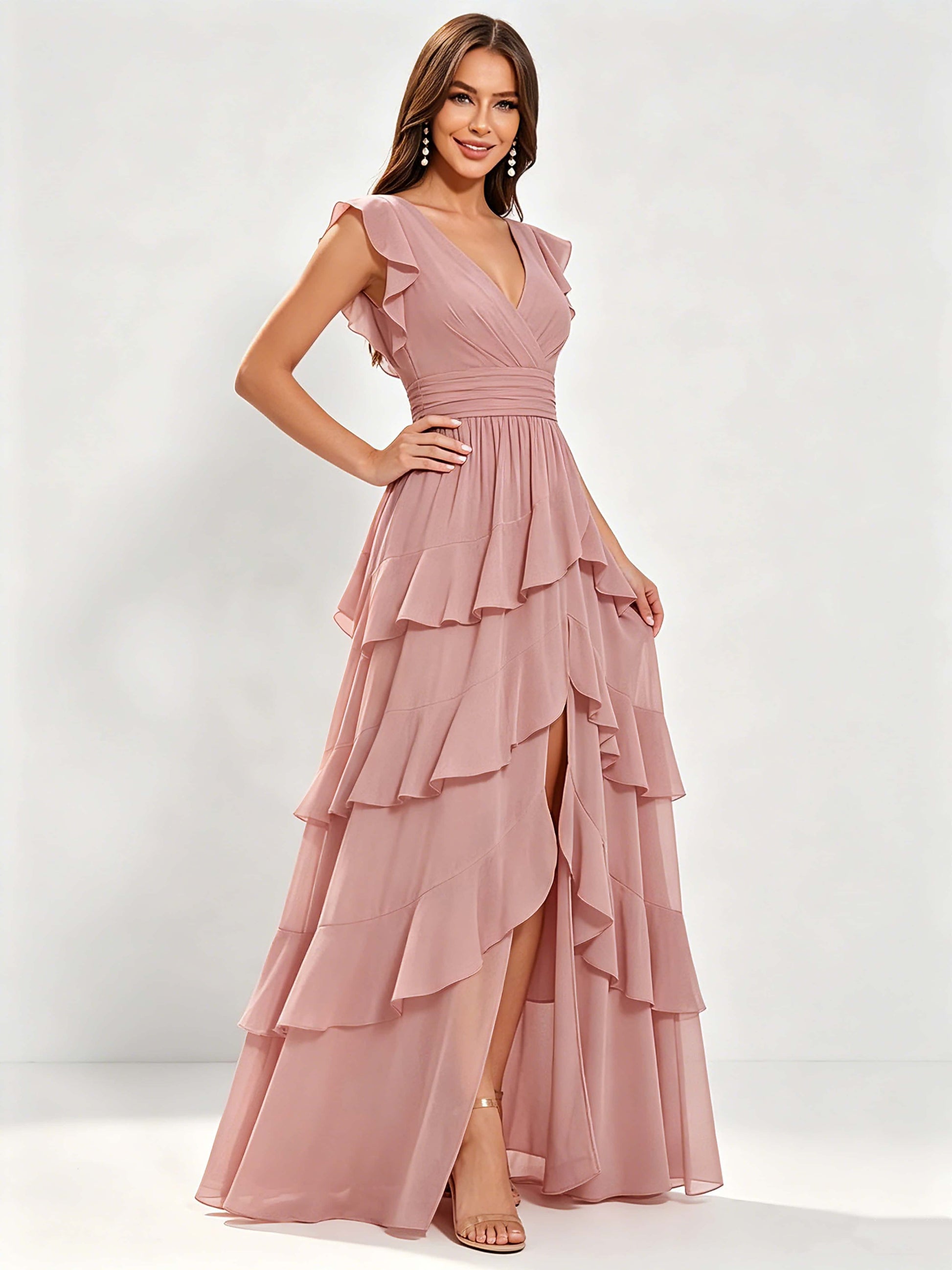 Ruffle Sleeve Tiered Chiffon Bridesmaid Dresses for Wedding with Slit