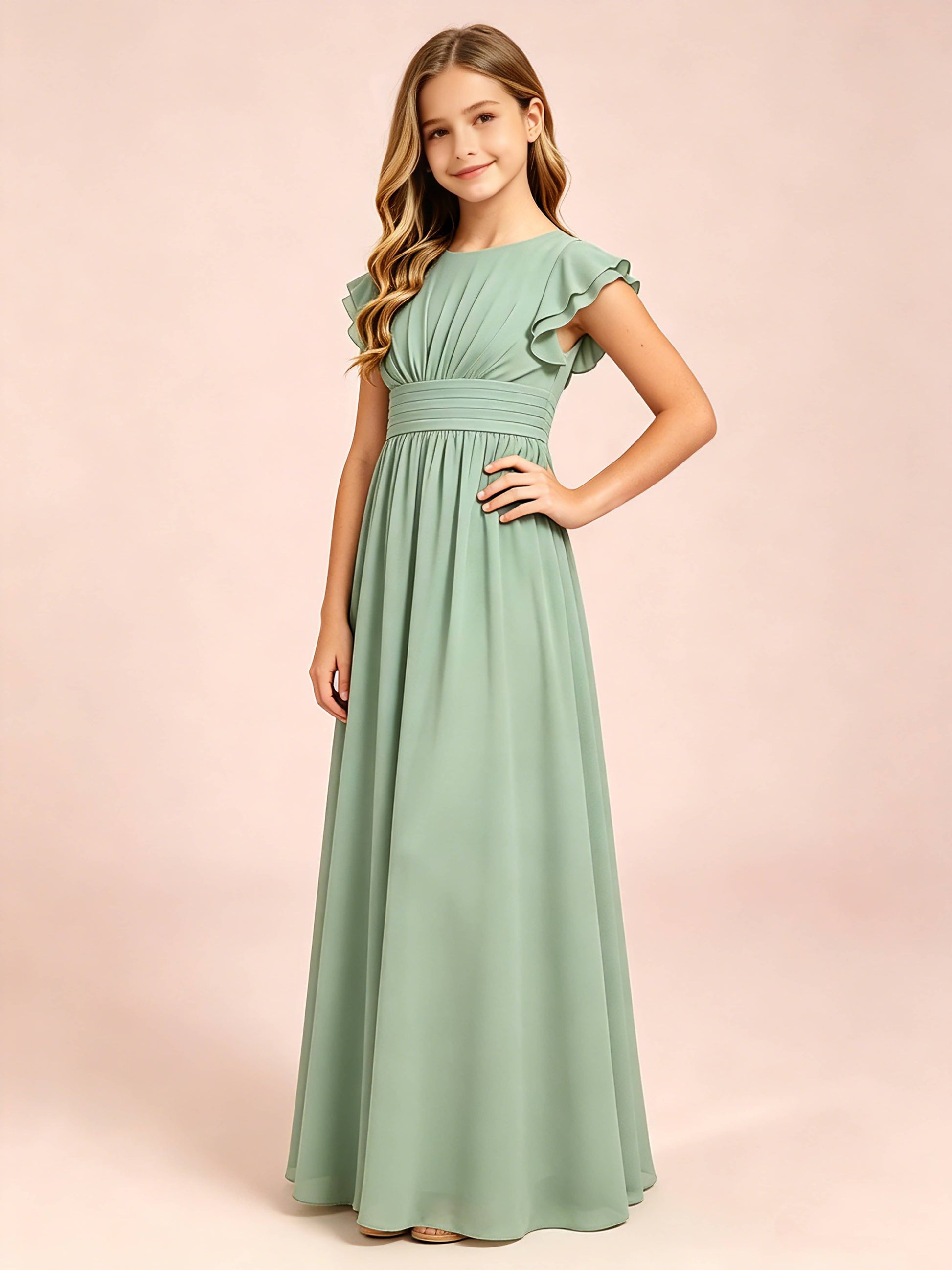 Chiffon Ruffle Cap Sleeve Junior Bridesmaid Dress for Wedding