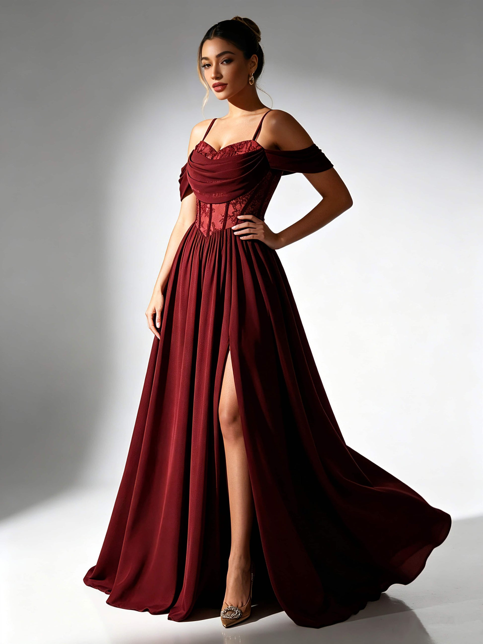 Off Shoulder Chiffon Lace Prom Dress for Teens