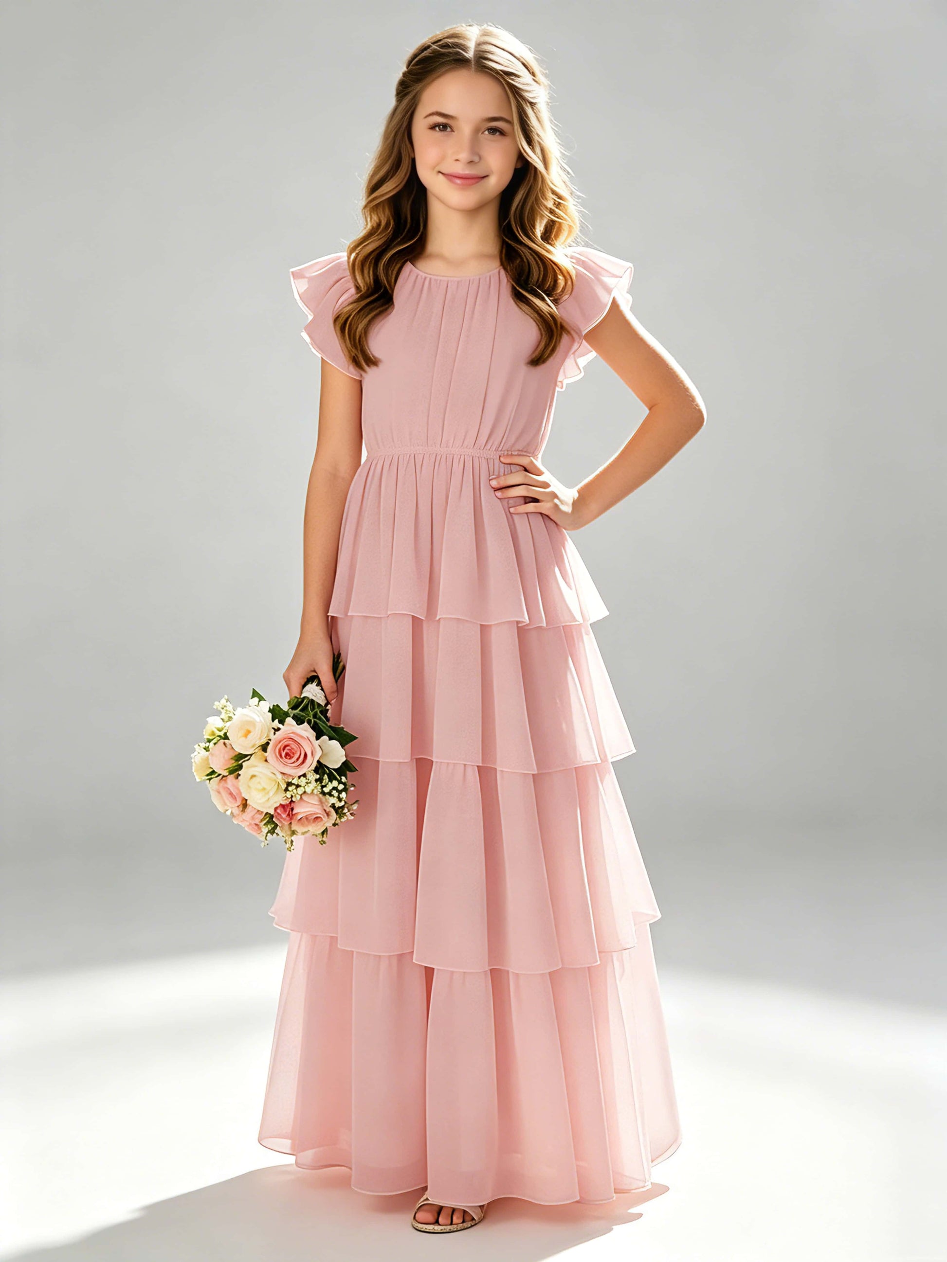 Chiffon Tiered Pleated Long Junior Bridesmaid Dresses