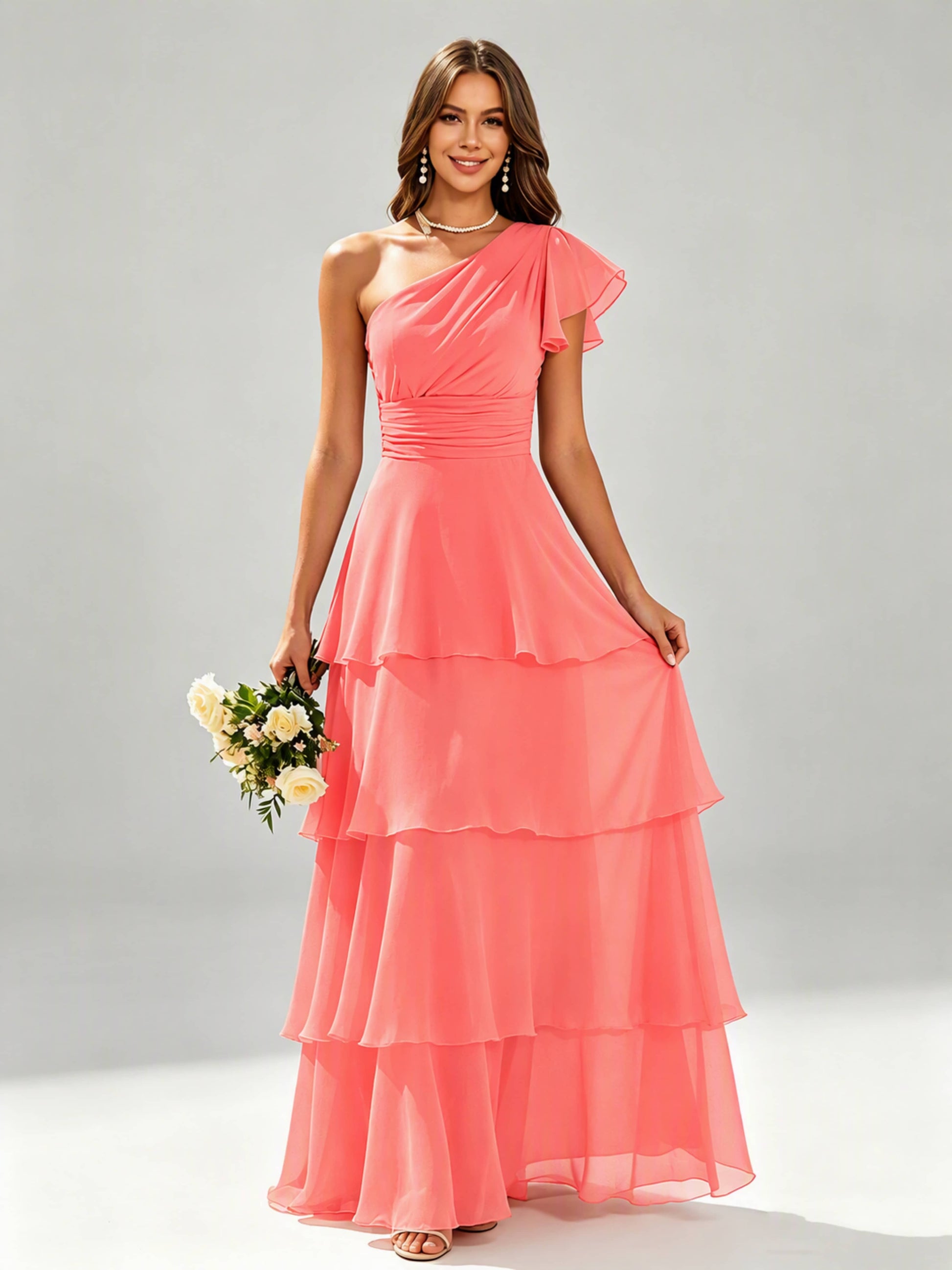 One Shoulder Ruffle Tiered Chiffon Bridesmaid Dress for Wedding